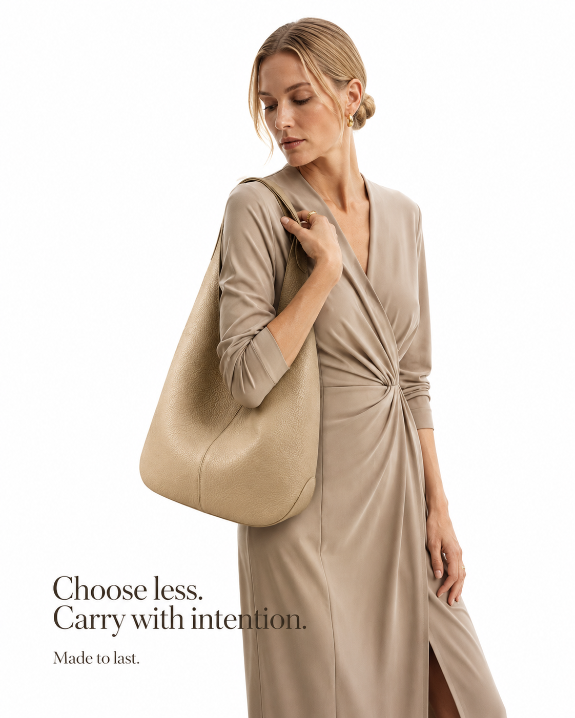 #Khaki Pebbled Leather Hobo Shoulder Bag