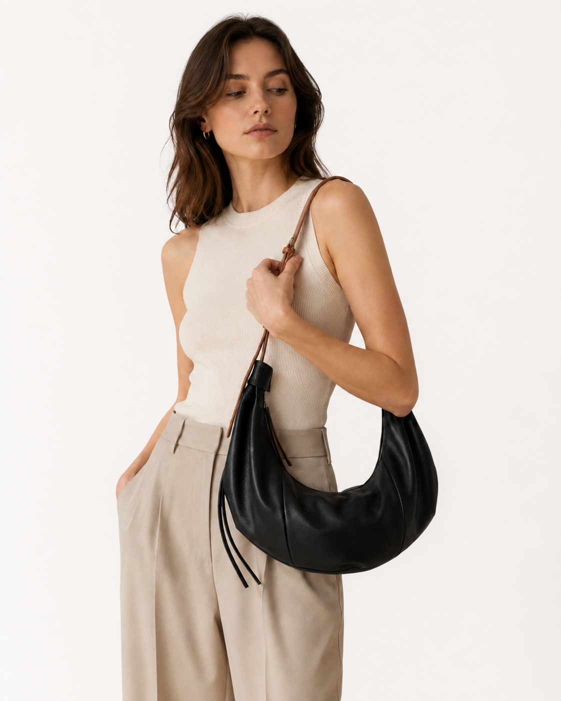 #Black Top-Grain Leather Crescent Hobo Shoulder Bag worn by model with slim shoulder strap