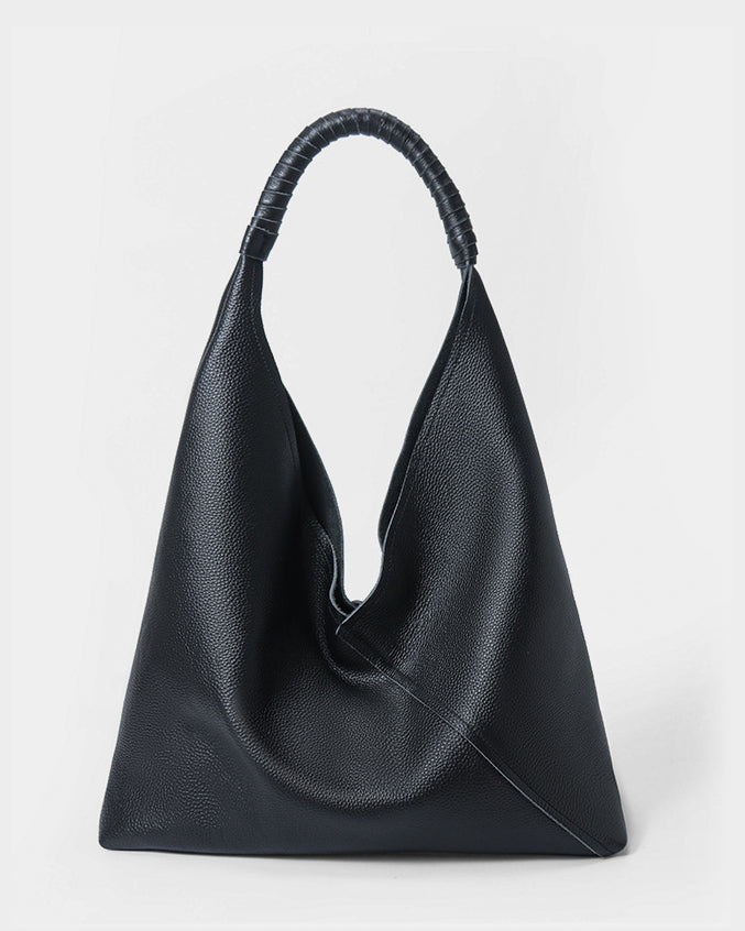 #Black leather triangular hobo shoulder bag front view with soft draped silhouette