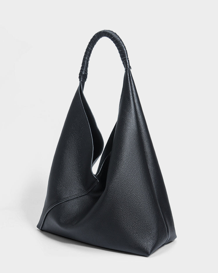 #Black pebbled leather slouchy hobo tote bag with wrapped single shoulder handle