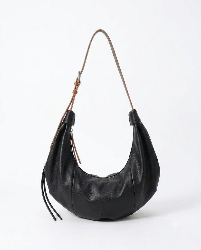 #Black Top-Grain Leather Crescent Hobo Shoulder Bag