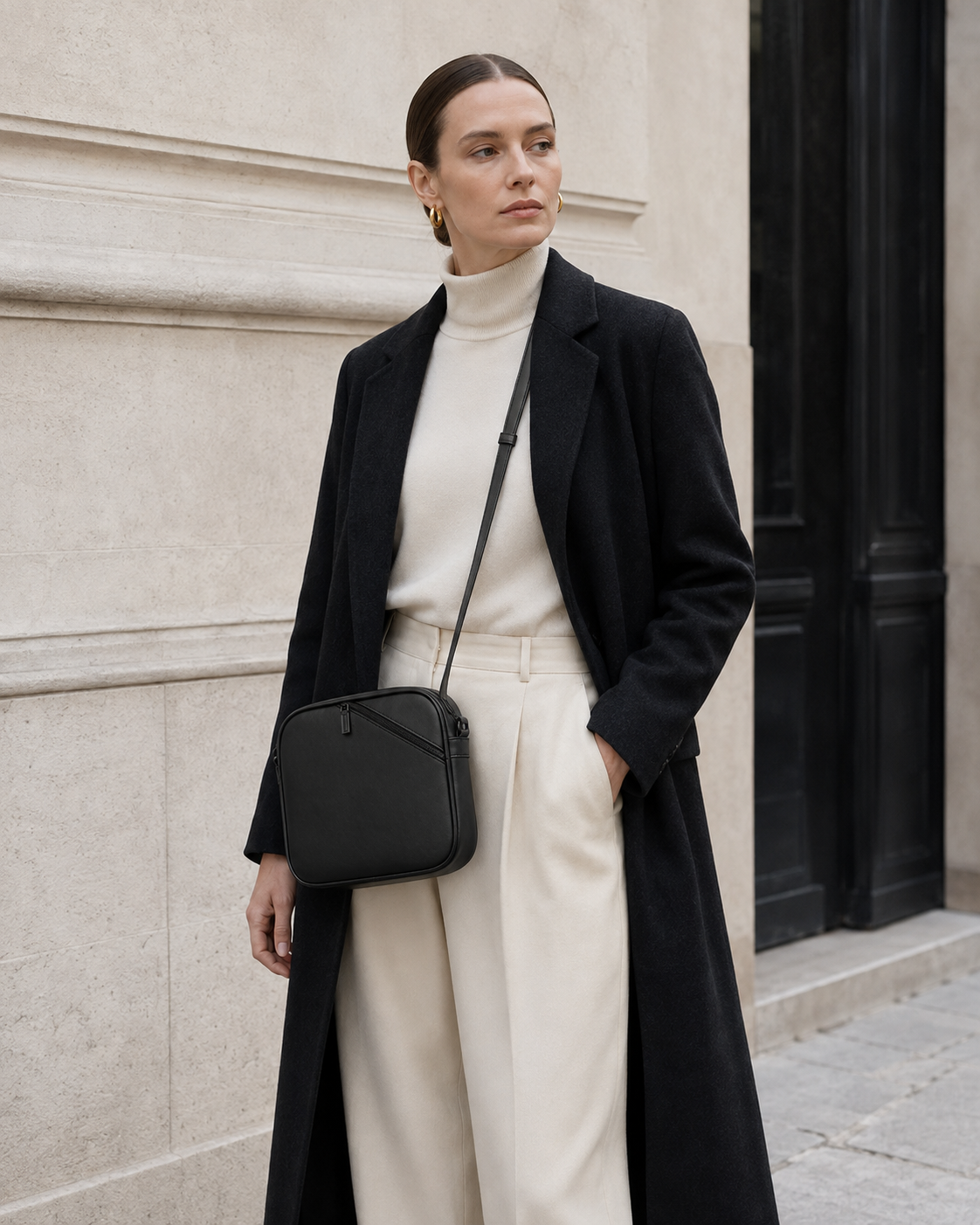 Woman in tailored neutrals carries the black MUYLOTTA ML-CB01 crossbody bag by a limestone wall.