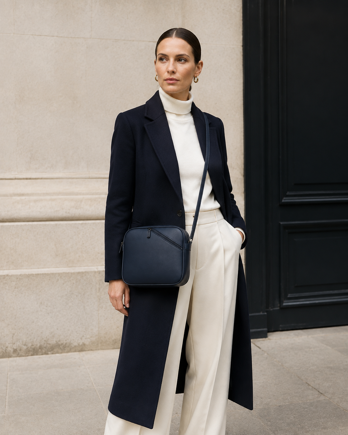 Woman in tailored neutrals carries the ink navy MUYLOTTA ML-CB01 crossbody bag by a limestone wall.