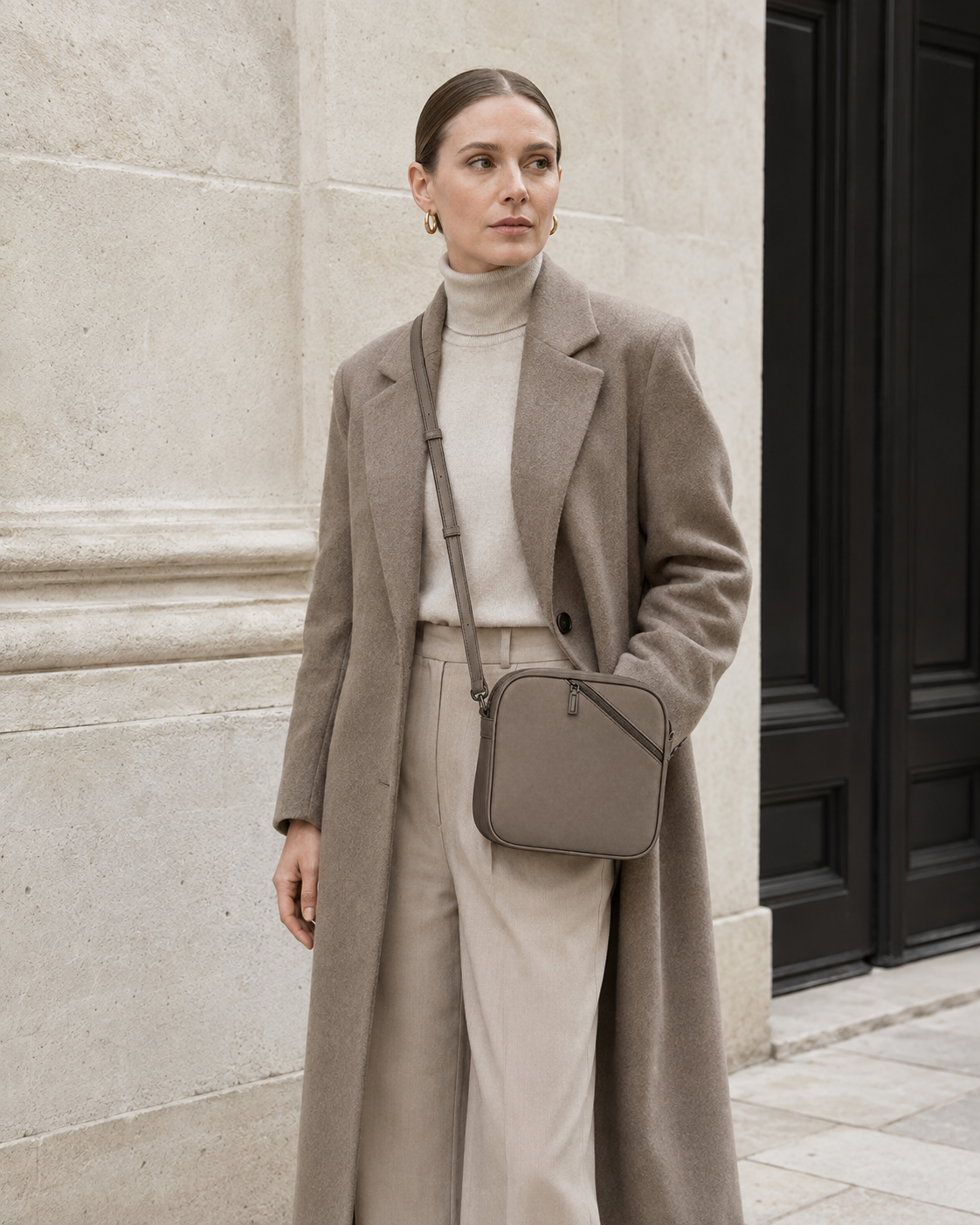 Woman in tailored neutrals carries the taupe MUYLOTTA ML-CB01 crossbody bag by a limestone wall.