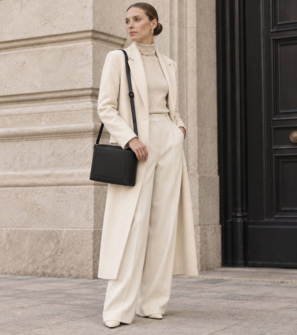 Woman in tailored neutrals carries the black MUYLOTTA ML-CB02 box crossbody bag by a limestone wall.