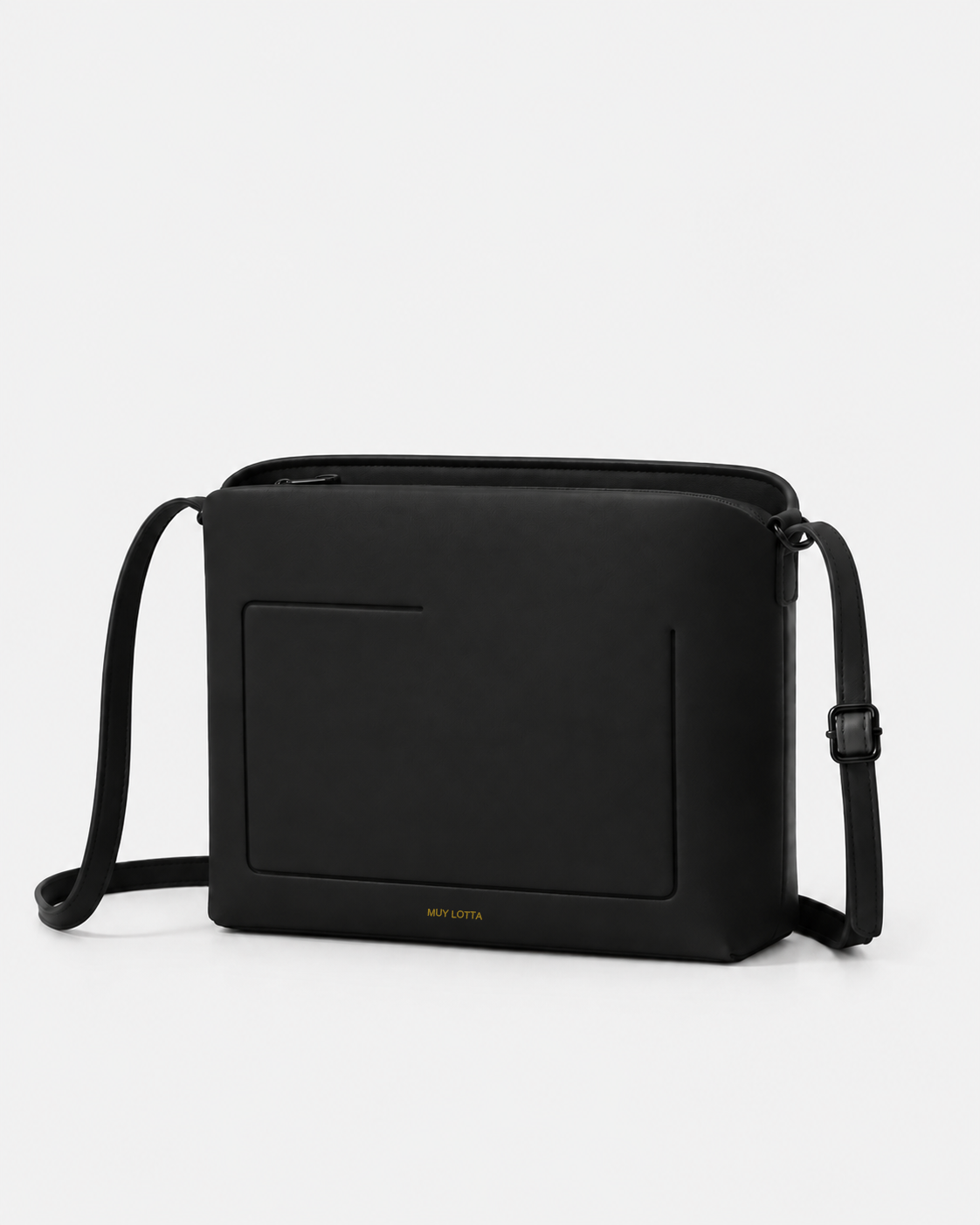 MUYLOTTA ML-CB02 black box crossbody bag, three-quarter view, with an incomplete recessed frame and slim strap.