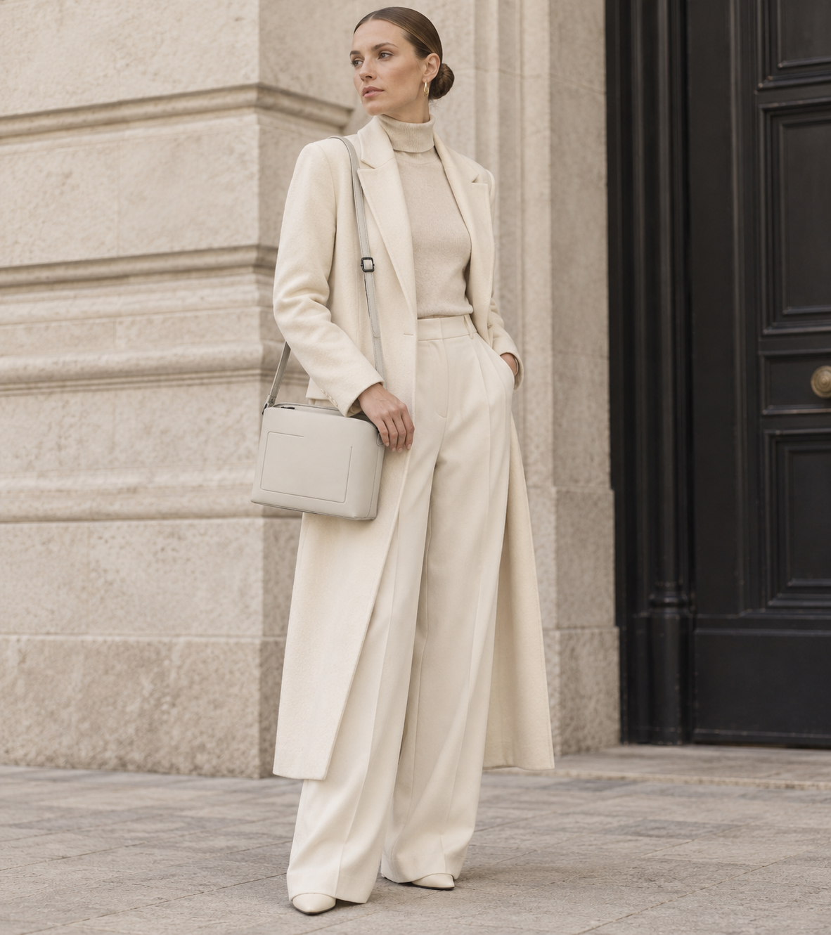 Woman in tailored neutrals carries the bone gray MUYLOTTA ML-CB02 box crossbody bag by a limestone wall.