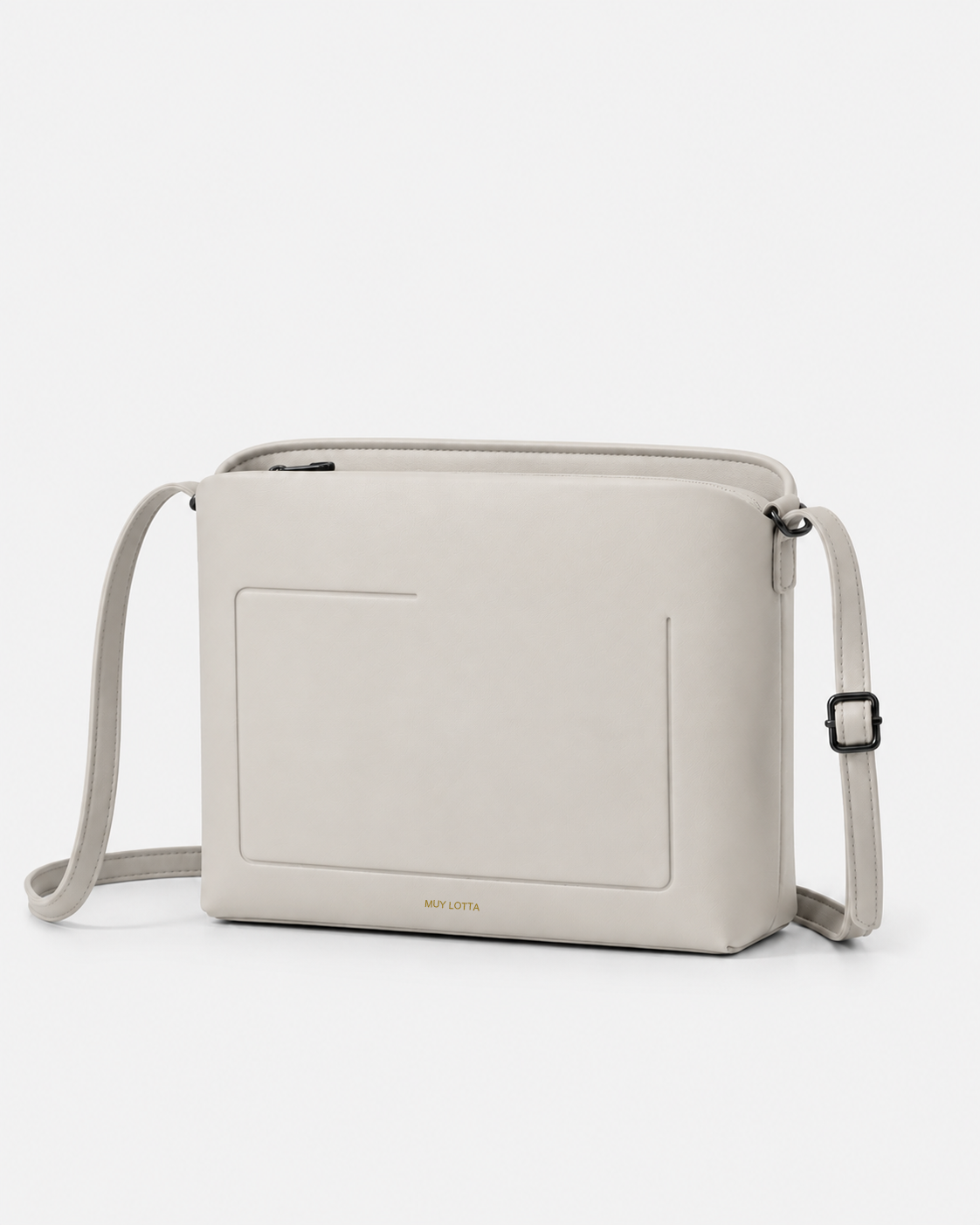 MUYLOTTA ML-CB02 bone gray box crossbody bag, three-quarter view, with an incomplete recessed frame and slim strap.