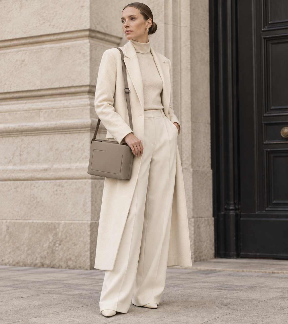 Woman in tailored neutrals carries the taupe MUYLOTTA ML-CB02 box crossbody bag by a limestone wall.