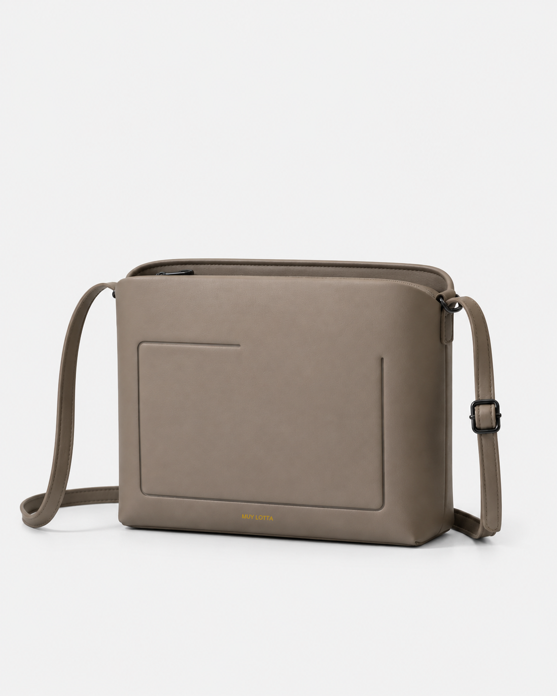 MUYLOTTA ML-CB02 taupe box crossbody bag, three-quarter view, with an incomplete recessed frame and slim strap.