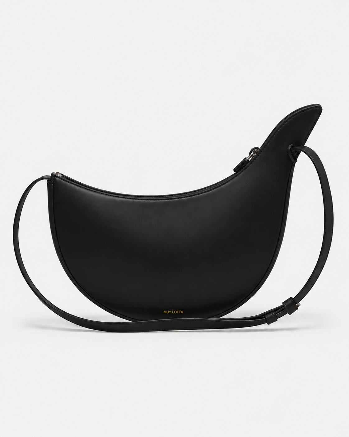 MUYLOTTA ML-CB03 black crescent crossbody bag, three-quarter view, with one raised side wing and a slim strap.
