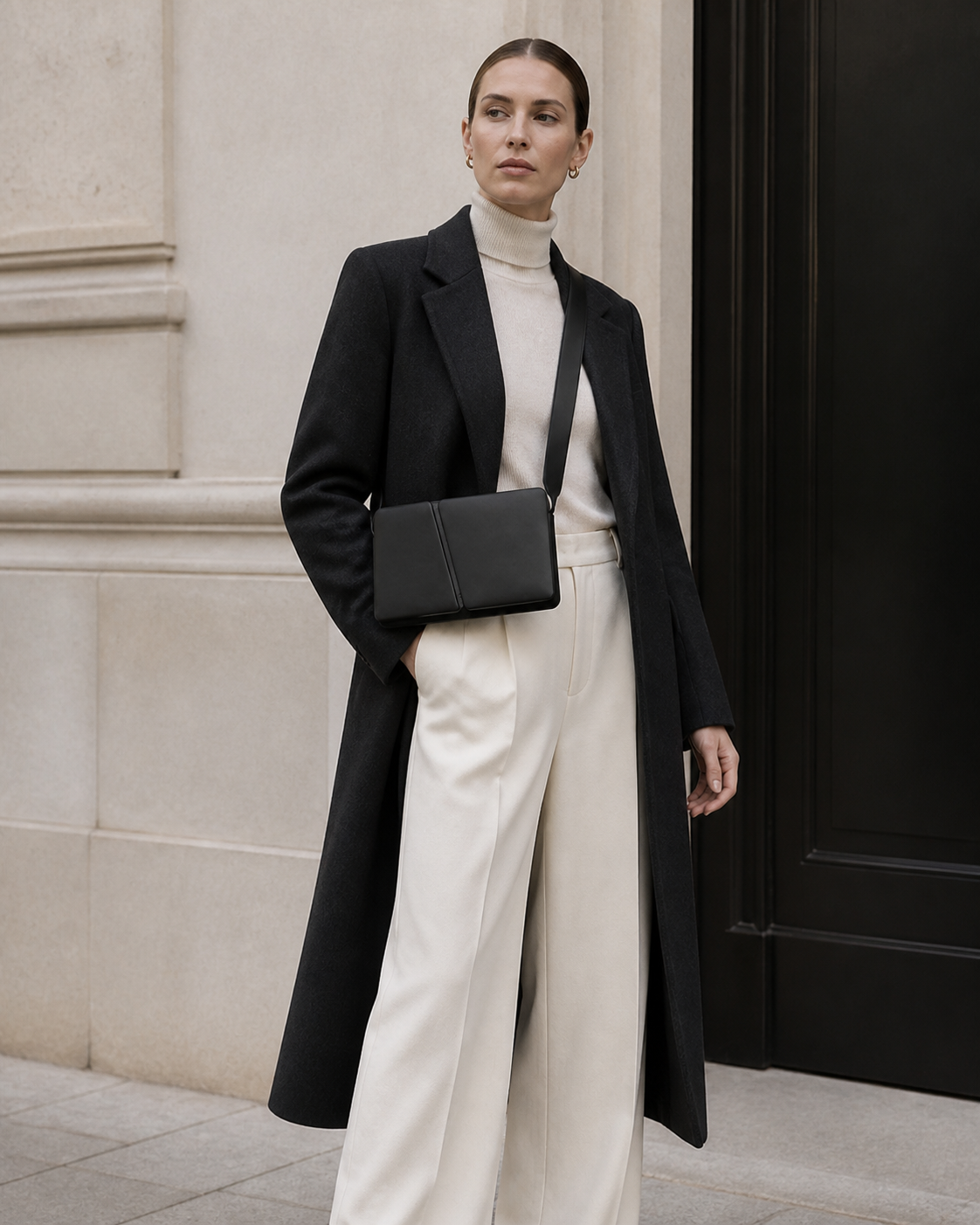 Woman in tailored neutrals carries the black MUYLOTTA ML-CB04 crossbody bag by a limestone wall.