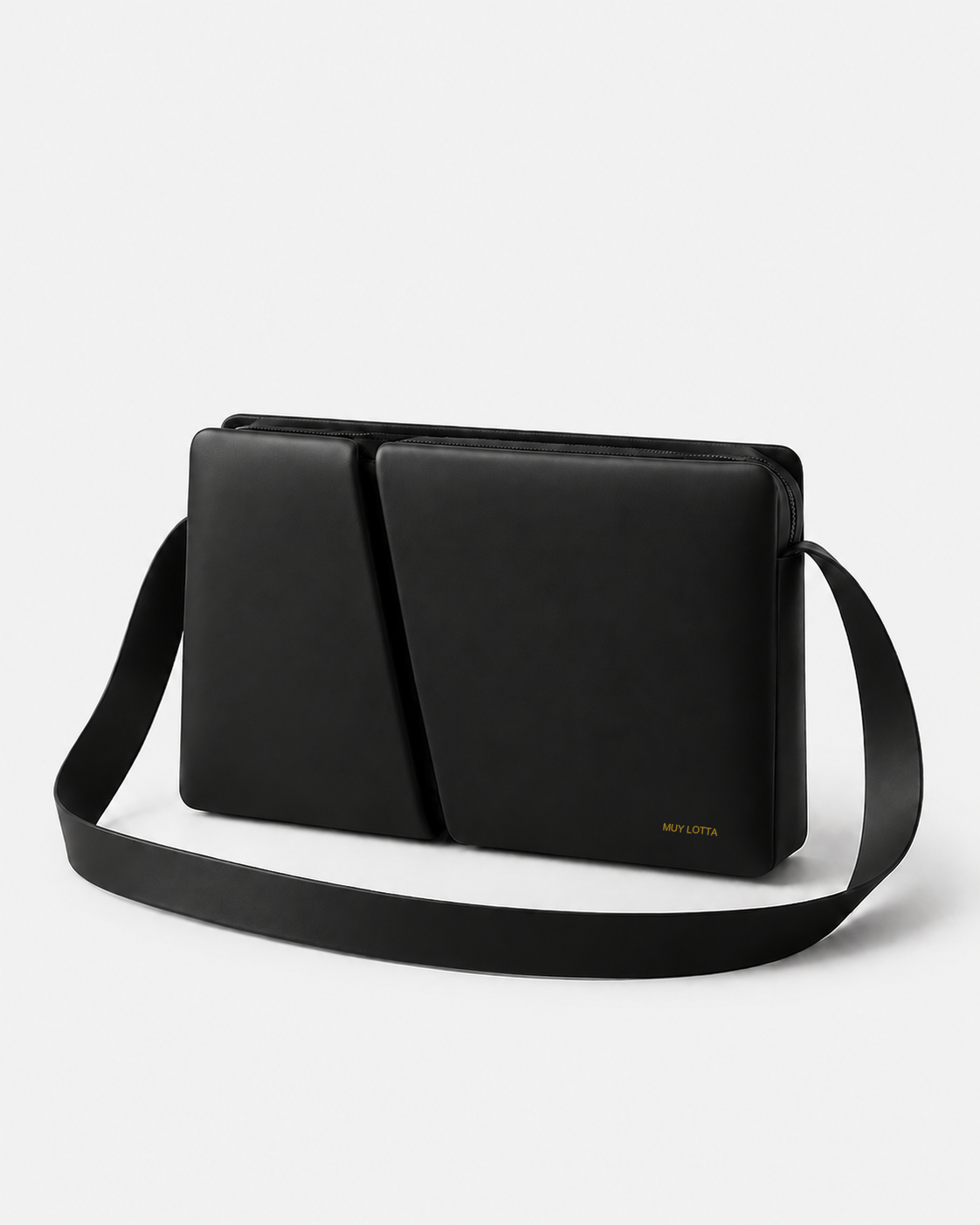 MUYLOTTA ML-CB04 black crossbody bag, three-quarter view, with overlapping compartments and an offset dark slit.