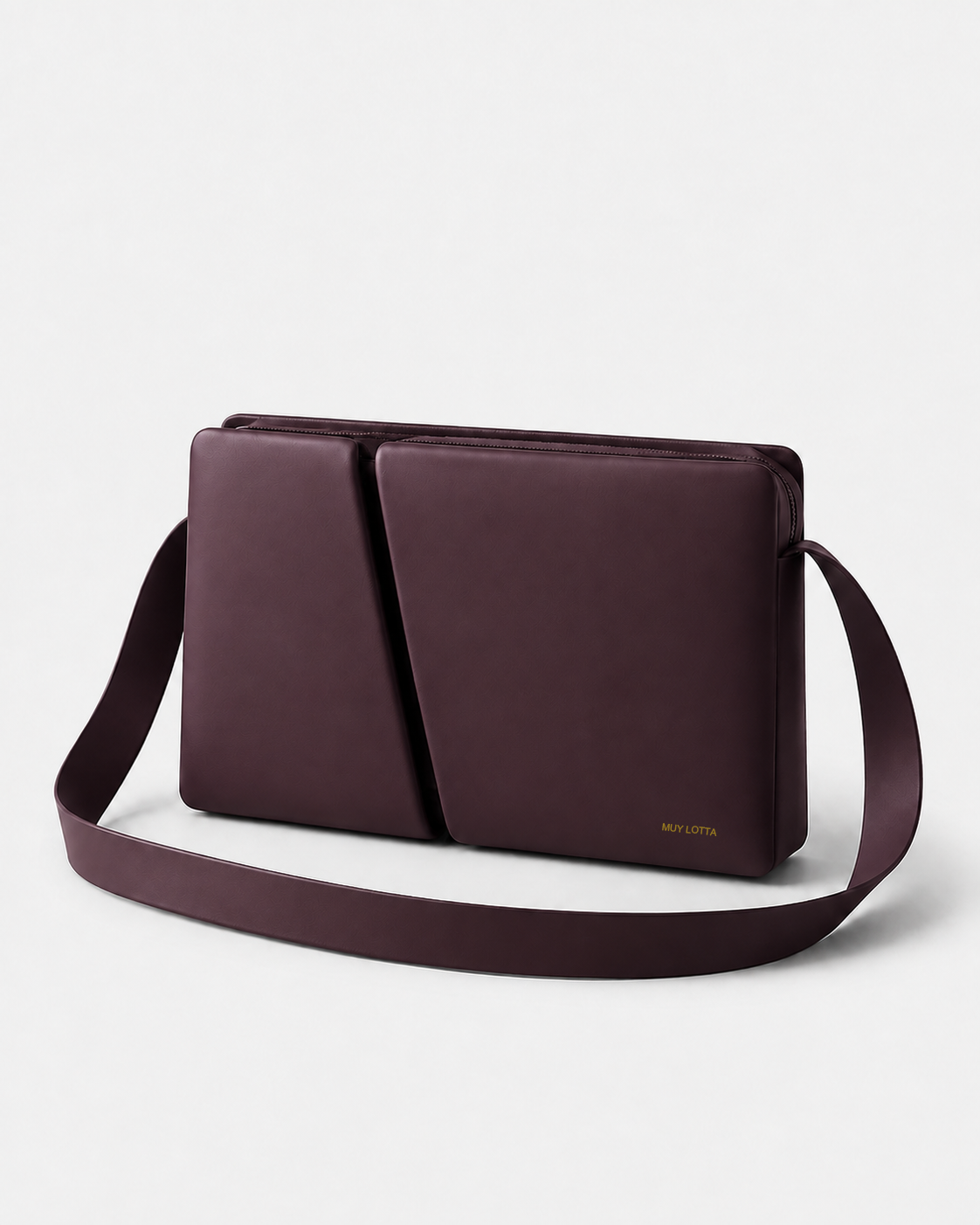 MUYLOTTA ML-CB04 deep plum crossbody bag, three-quarter view, with overlapping compartments and an offset dark slit.