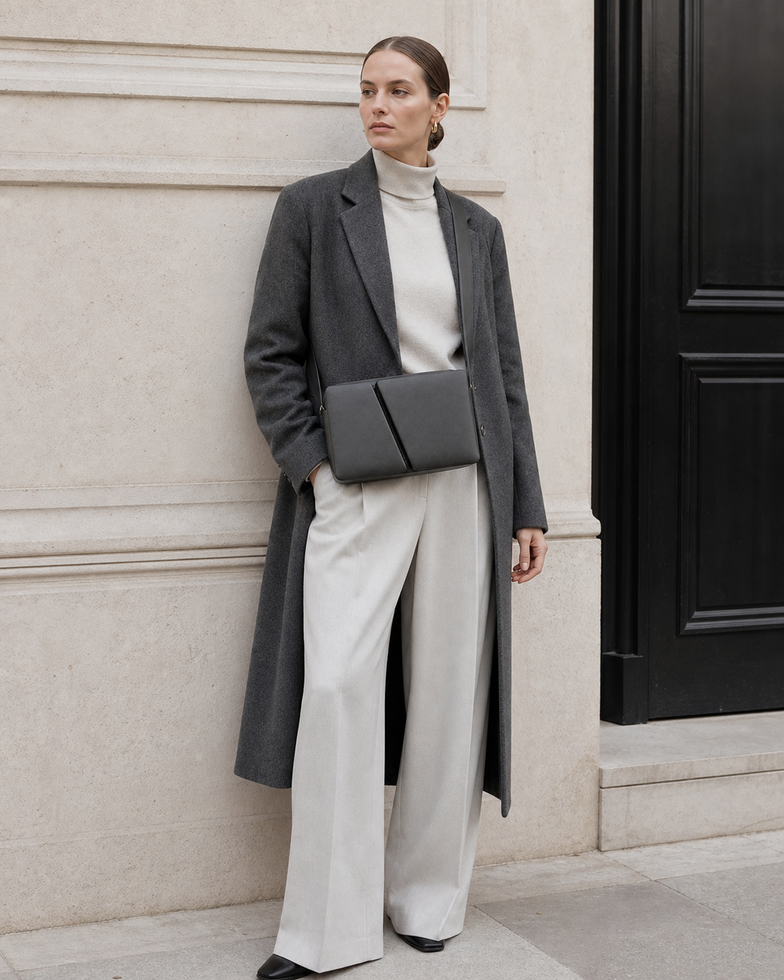 Woman in tailored neutrals carries the graphite MUYLOTTA ML-CB04 crossbody bag by a limestone wall.