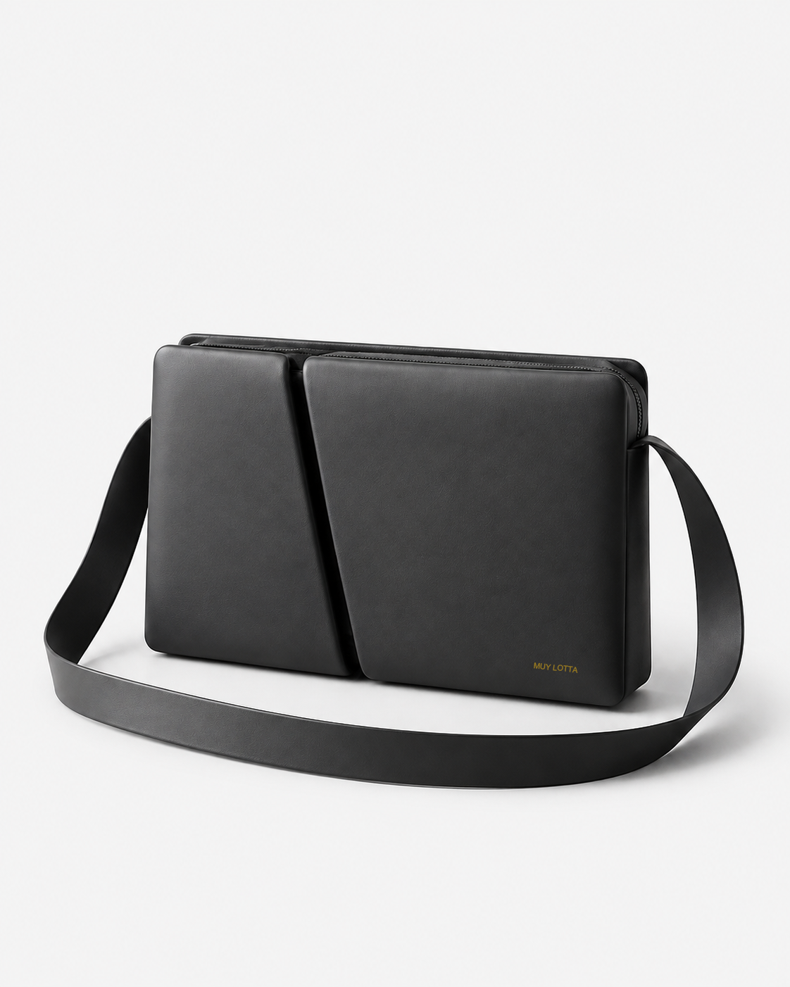 MUYLOTTA ML-CB04 graphite crossbody bag, three-quarter view, with overlapping compartments and an offset dark slit.