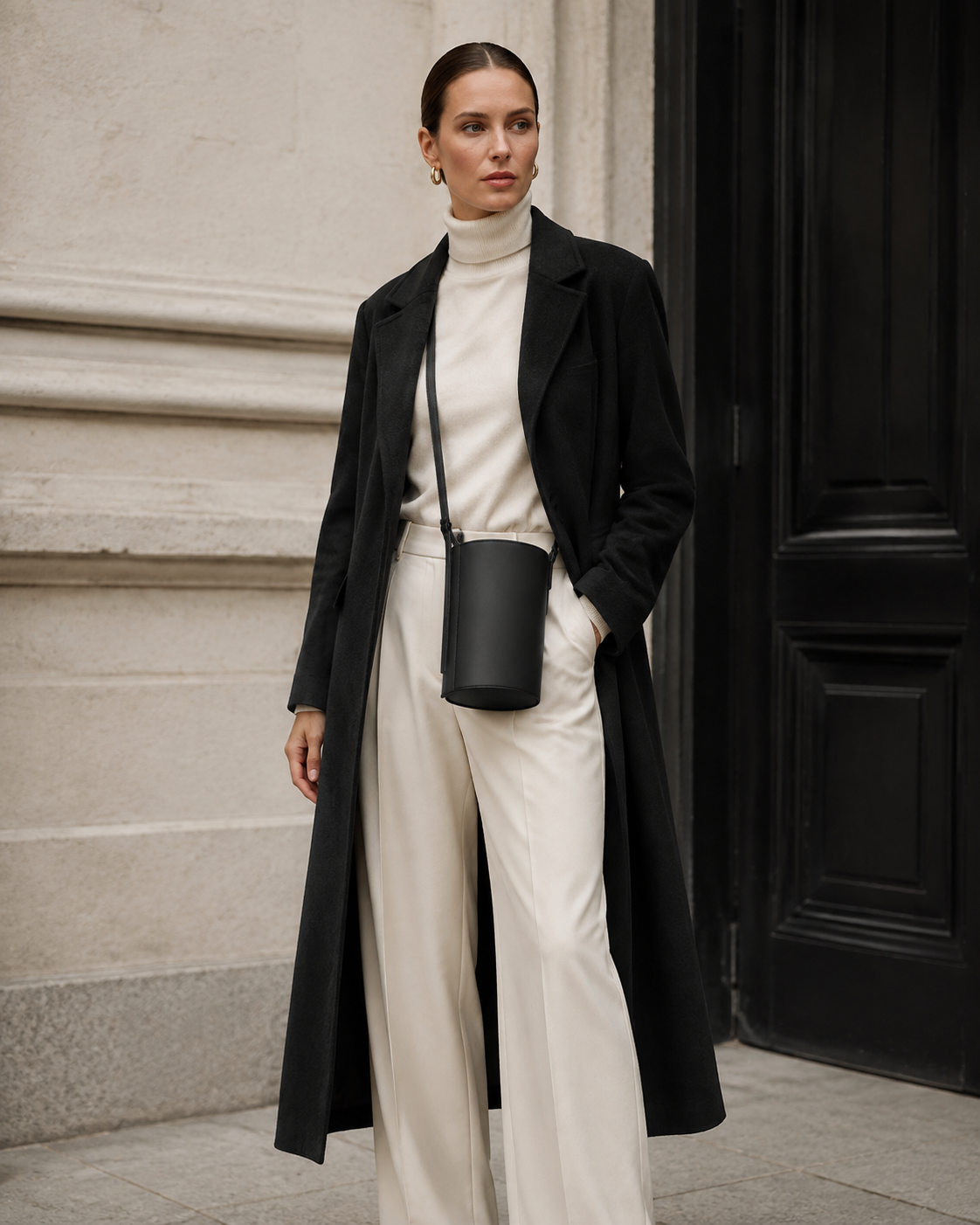 Woman in tailored neutrals carries the black MUYLOTTA ML-CB05 cylinder crossbody bag by a limestone wall.