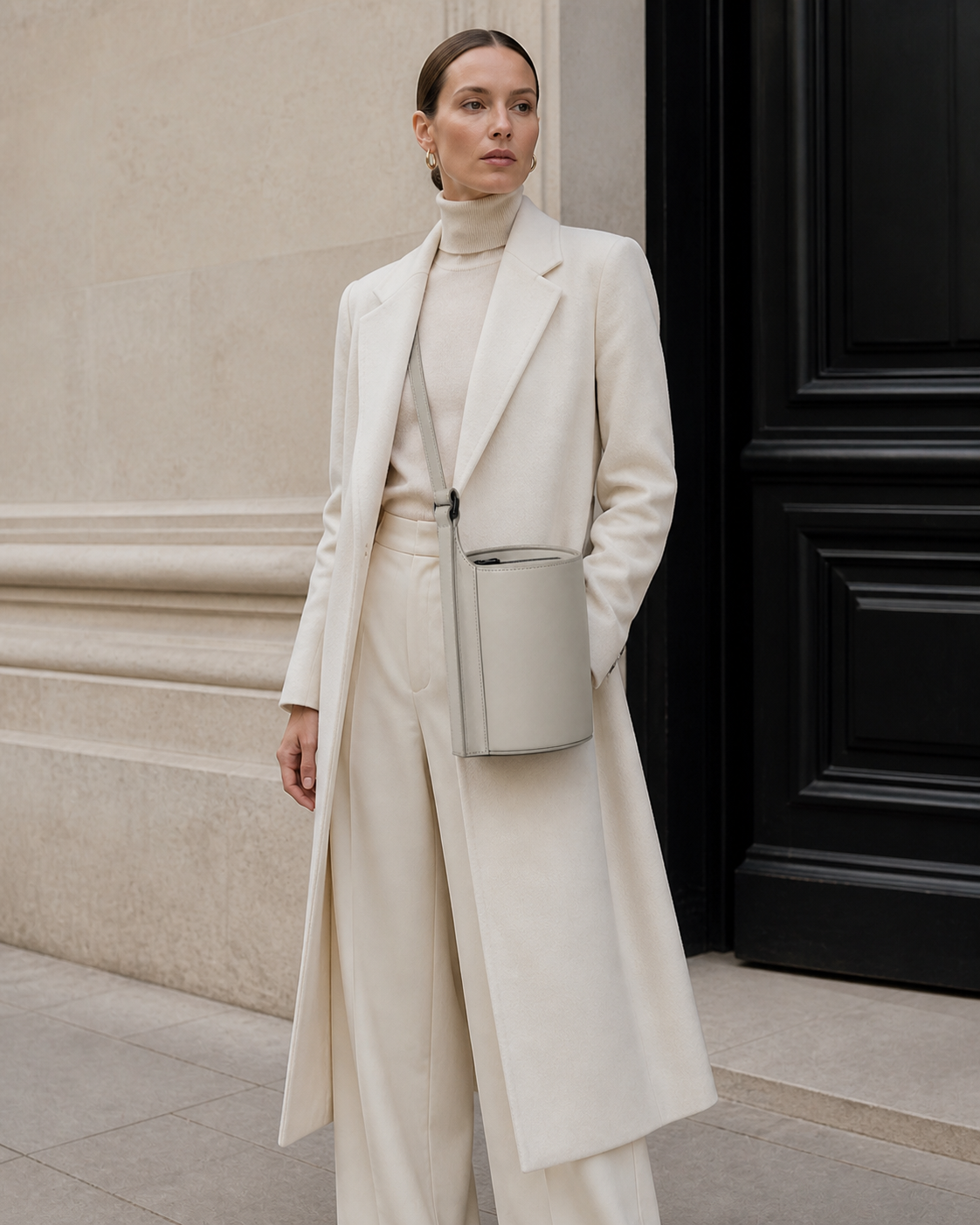 Woman in tailored neutrals carries the bone gray MUYLOTTA ML-CB05 cylinder crossbody bag by a limestone wall.