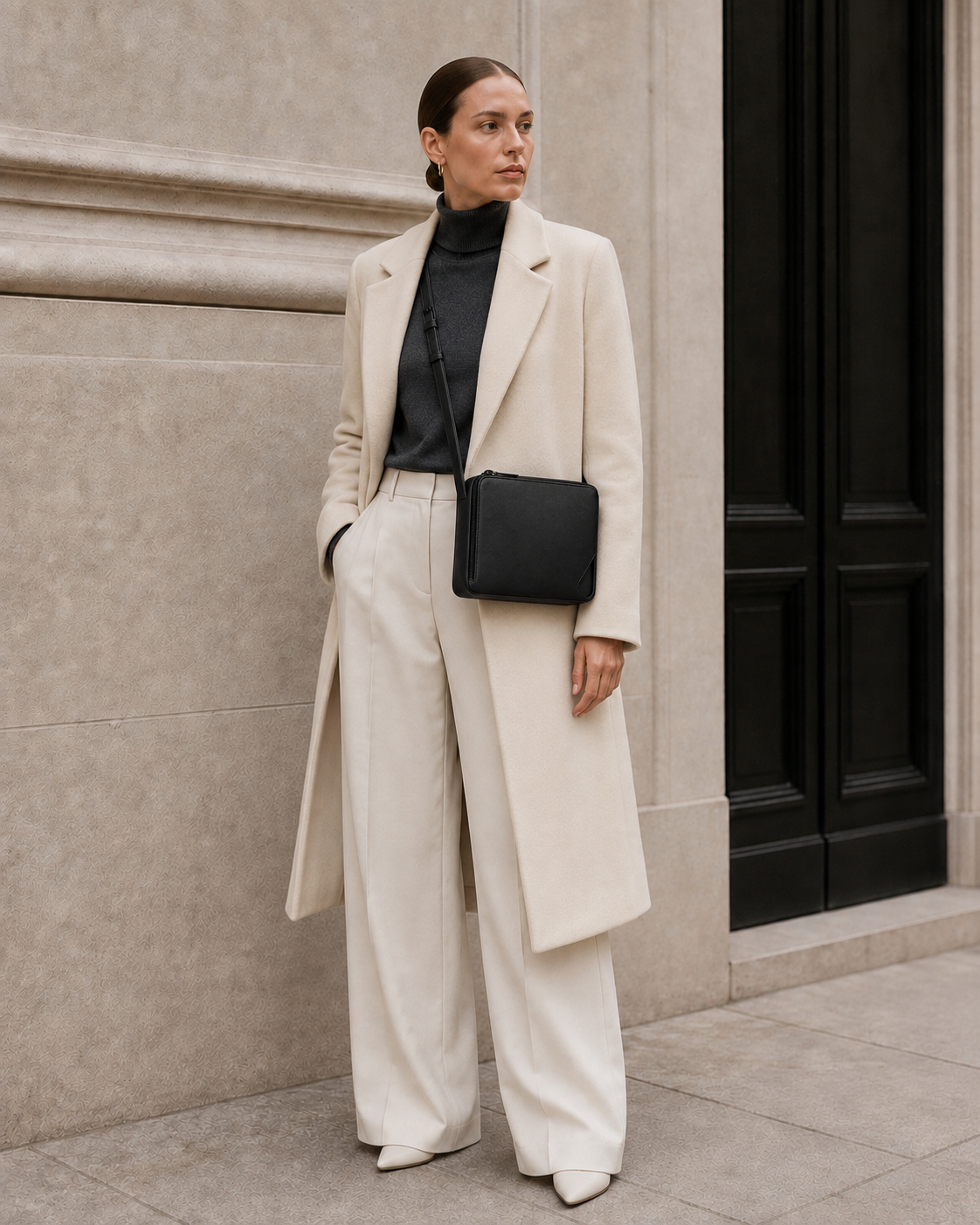 Model carries the black MUYLOTTA ML-CB06 crossbody bag.