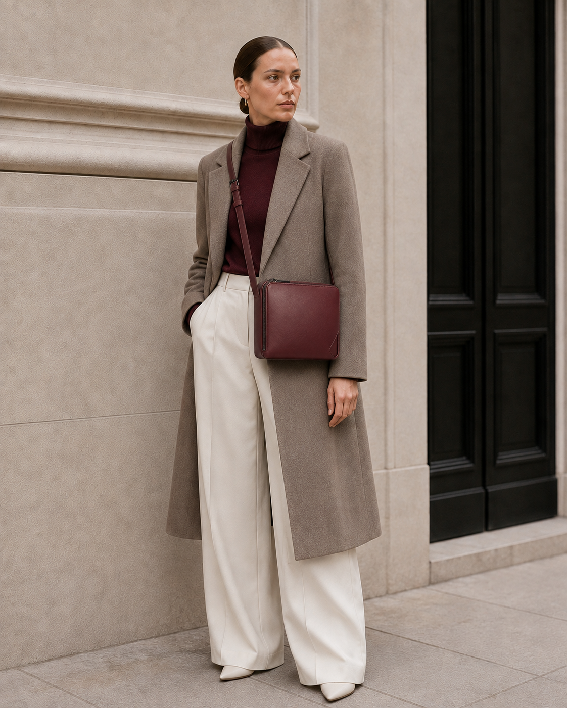 Model carries the cool burgundy MUYLOTTA ML-CB06 crossbody bag.