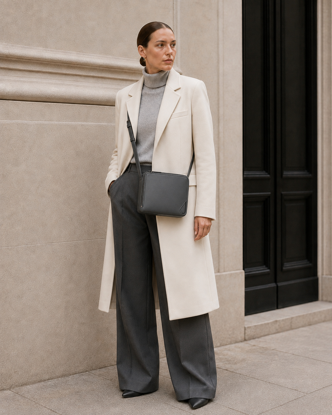 Model carries the graphite MUYLOTTA ML-CB06 crossbody bag.