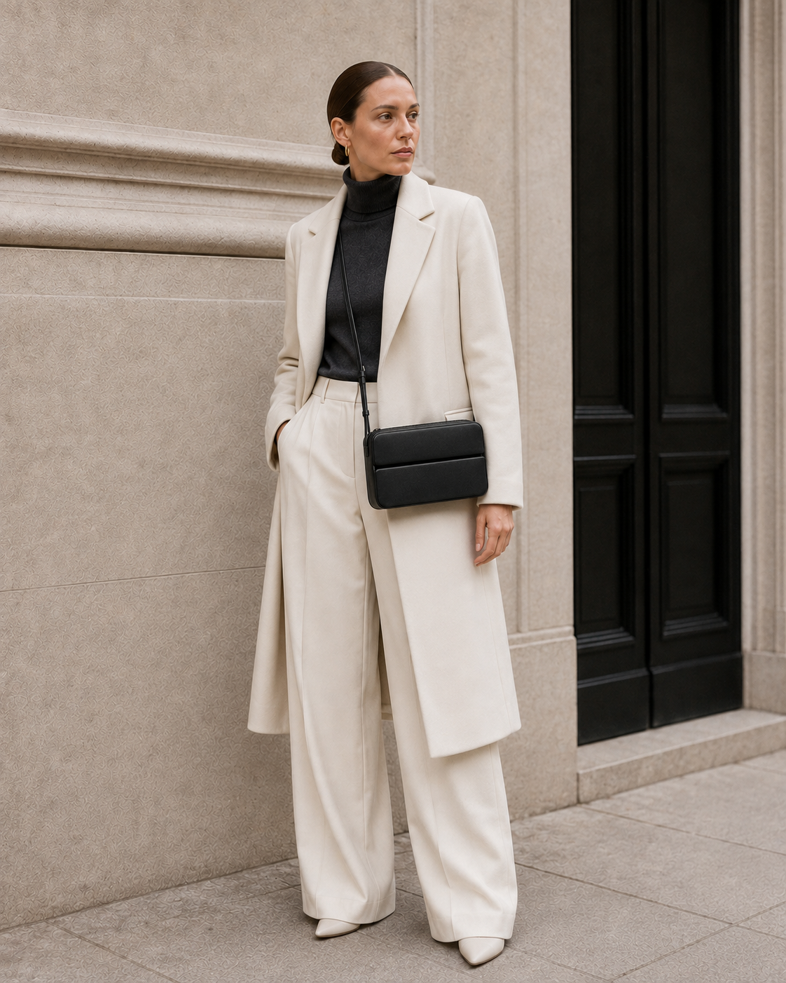 Model carries the black MUYLOTTA ML-CB07 crossbody bag.