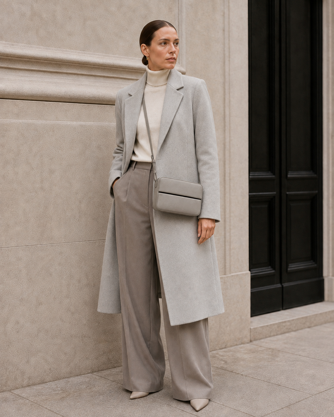 Model carries the bone gray MUYLOTTA ML-CB07 crossbody bag.
