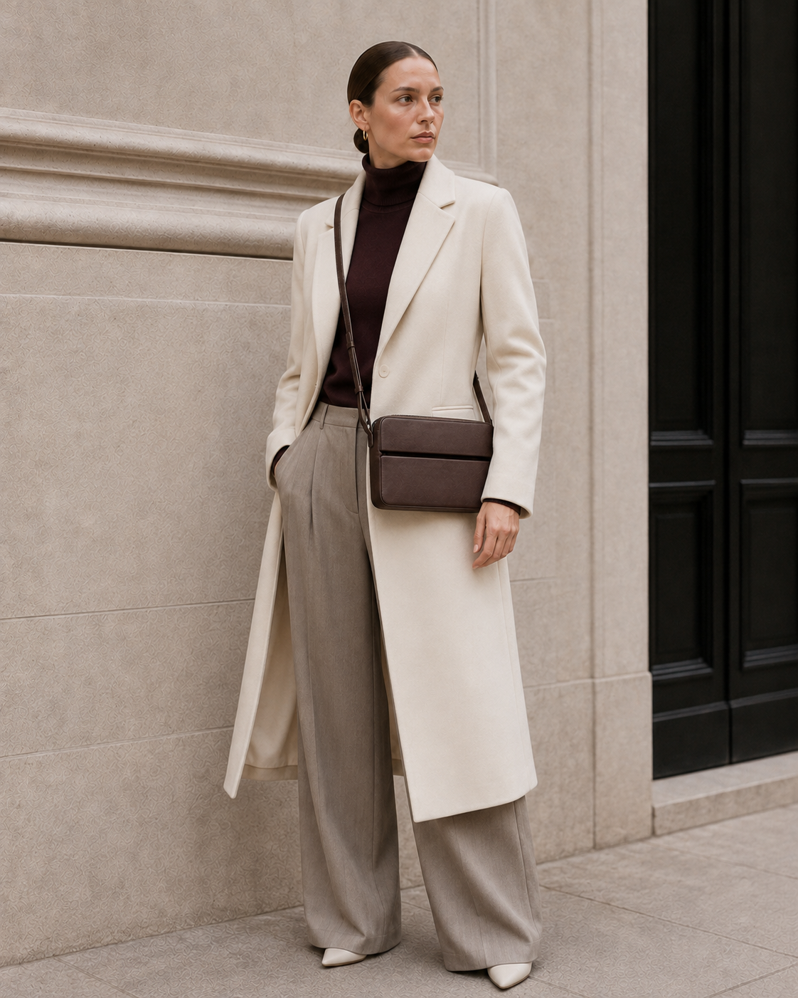 Model carries the dark brown MUYLOTTA ML-CB07 crossbody bag.