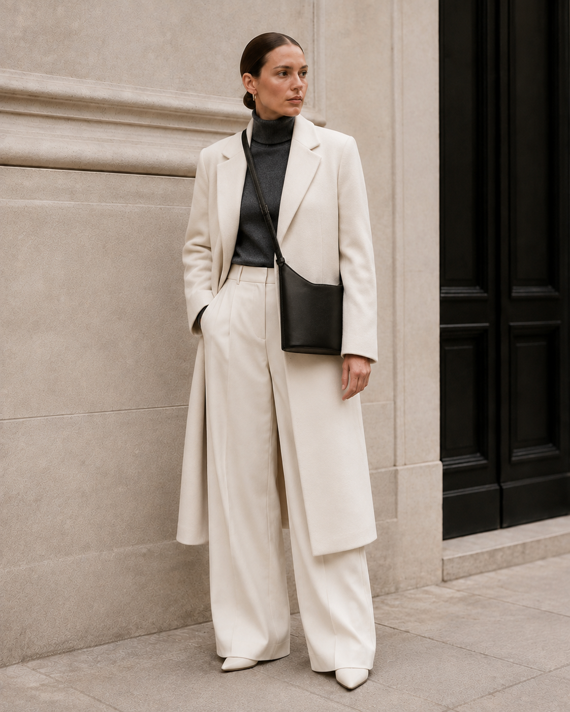 Model carries the black MUYLOTTA ML-CB08 crossbody bag.