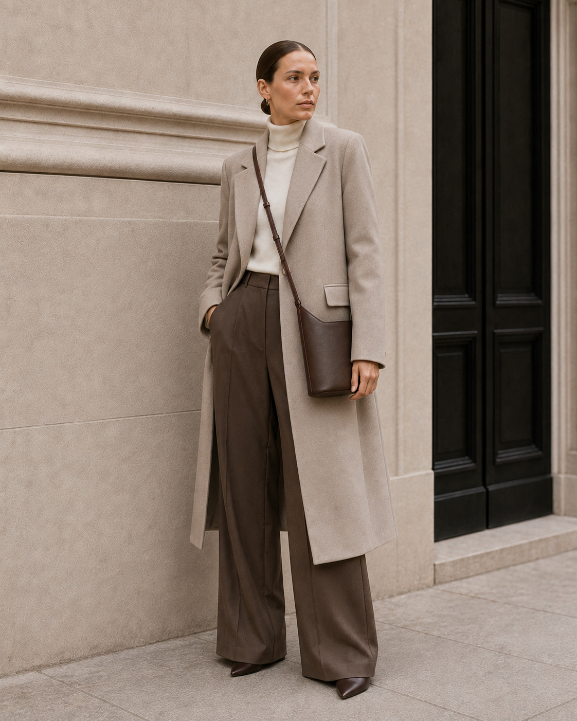 Model carries the cool brown MUYLOTTA ML-CB08 crossbody bag.