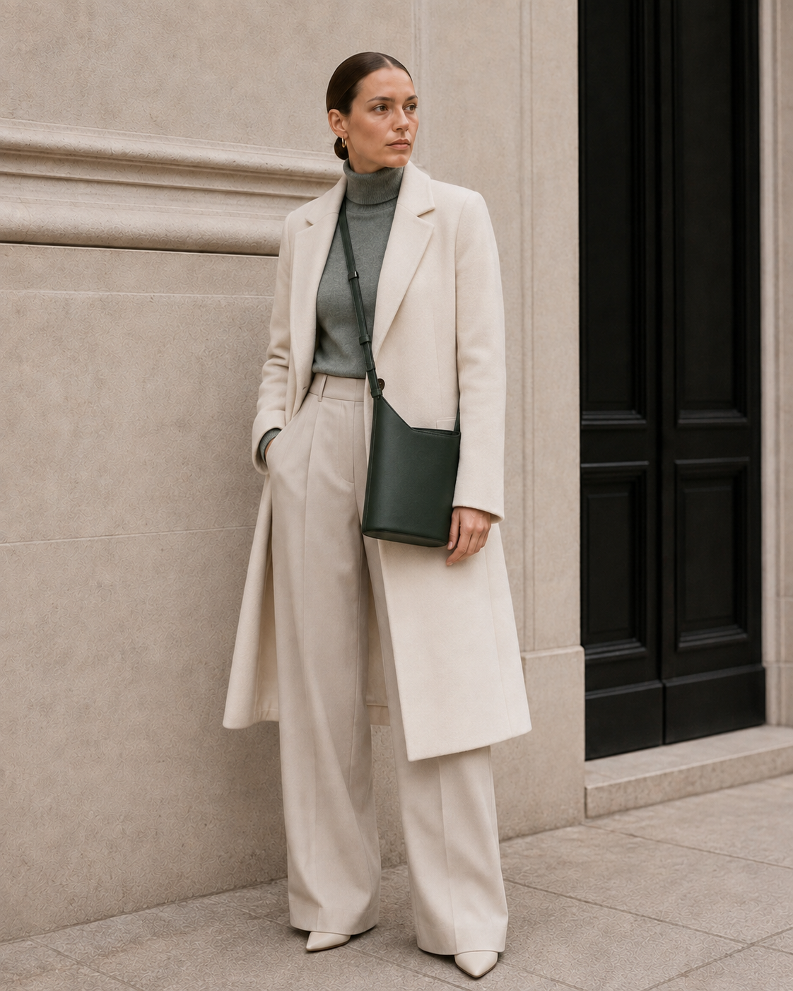 Model carries the deep forest green MUYLOTTA ML-CB08 crossbody bag.