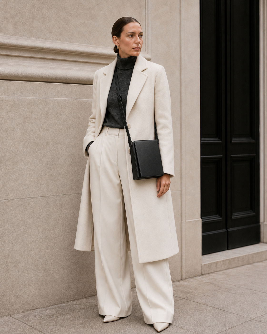 Model carries the black MUYLOTTA ML-CB09 crossbody bag.