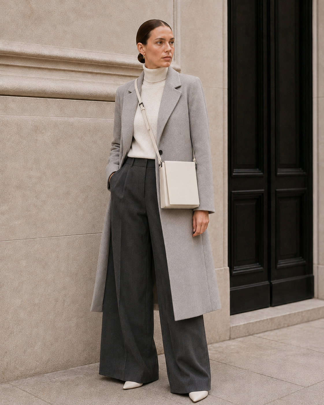 Model carries the bone white MUYLOTTA ML-CB09 crossbody bag.