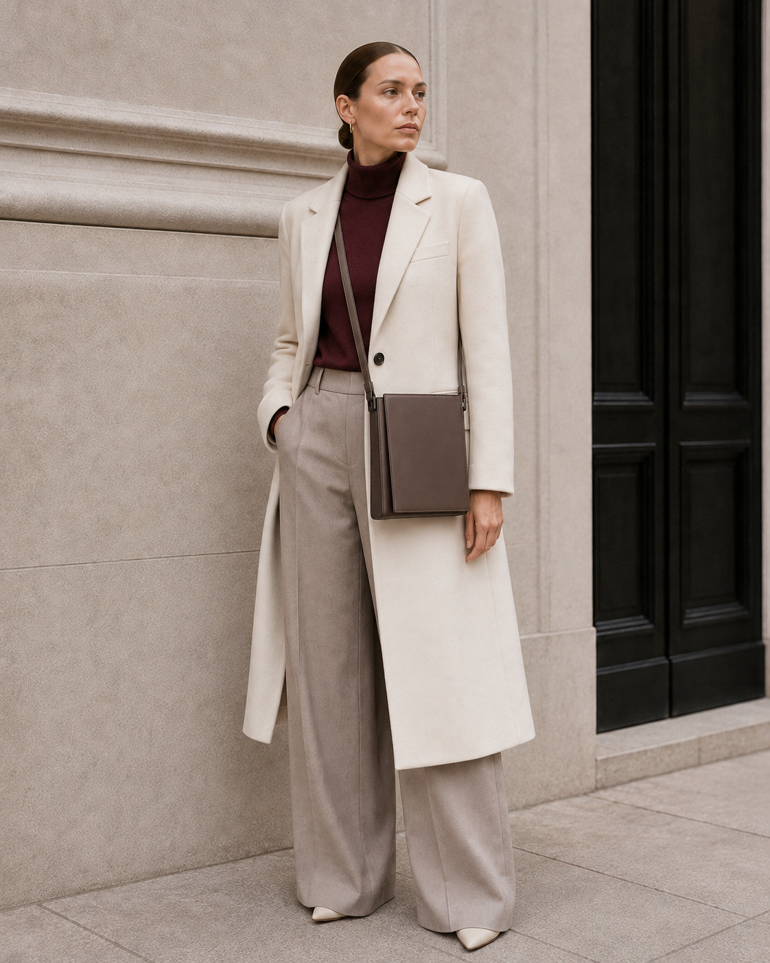 Model carries the cool walnut MUYLOTTA ML-CB09 crossbody bag.