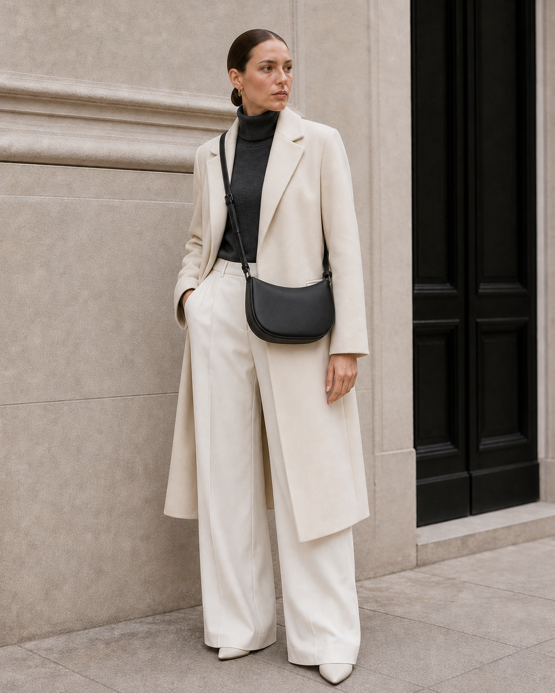 Model carries the black MUYLOTTA ML-CB10 crossbody bag.