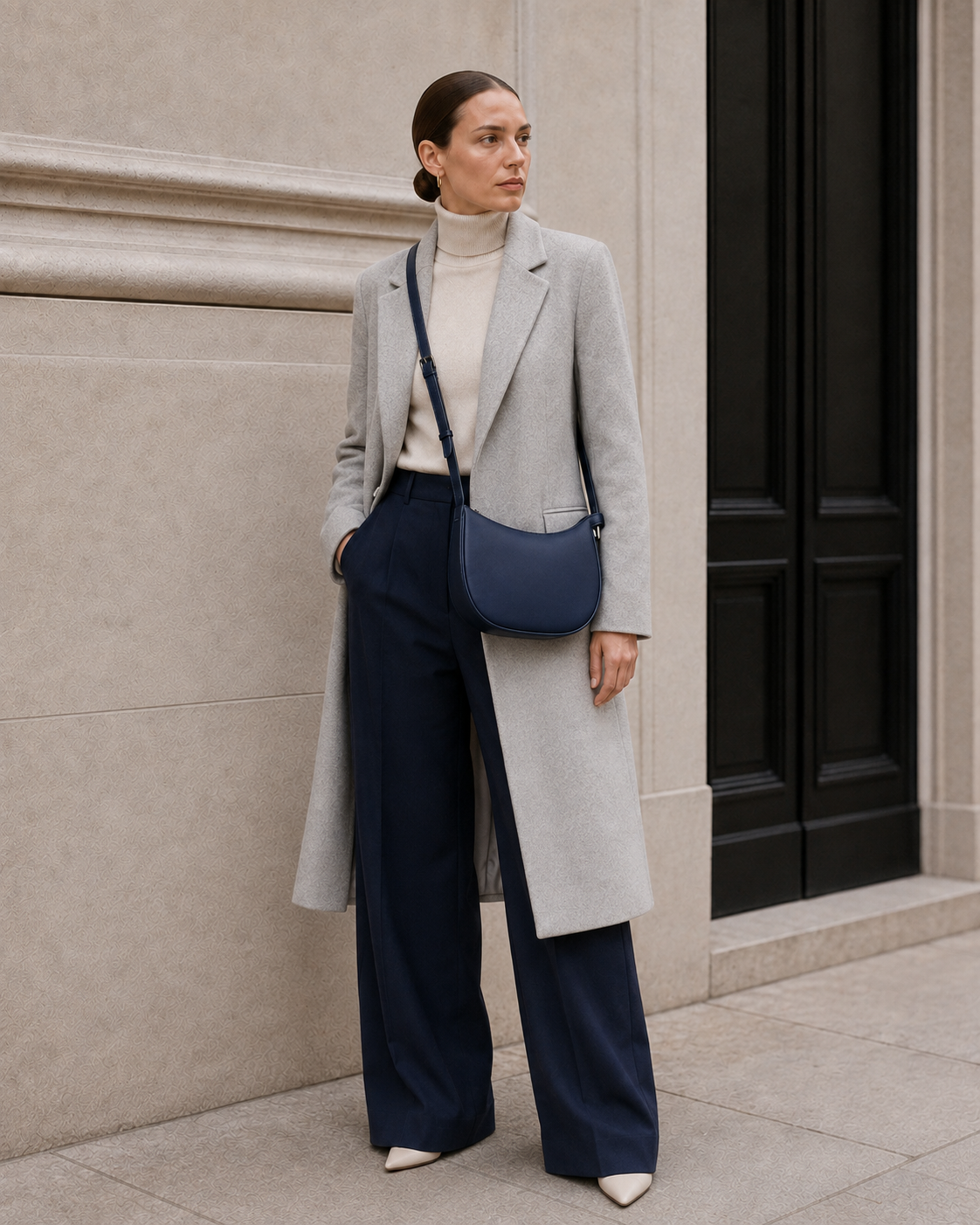 Model carries the deep navy MUYLOTTA ML-CB10 crossbody bag.