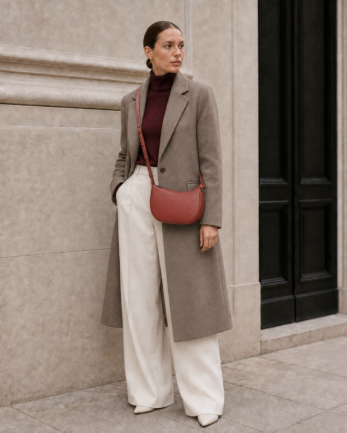 Model carries the oxidized red MUYLOTTA ML-CB10 crossbody bag.