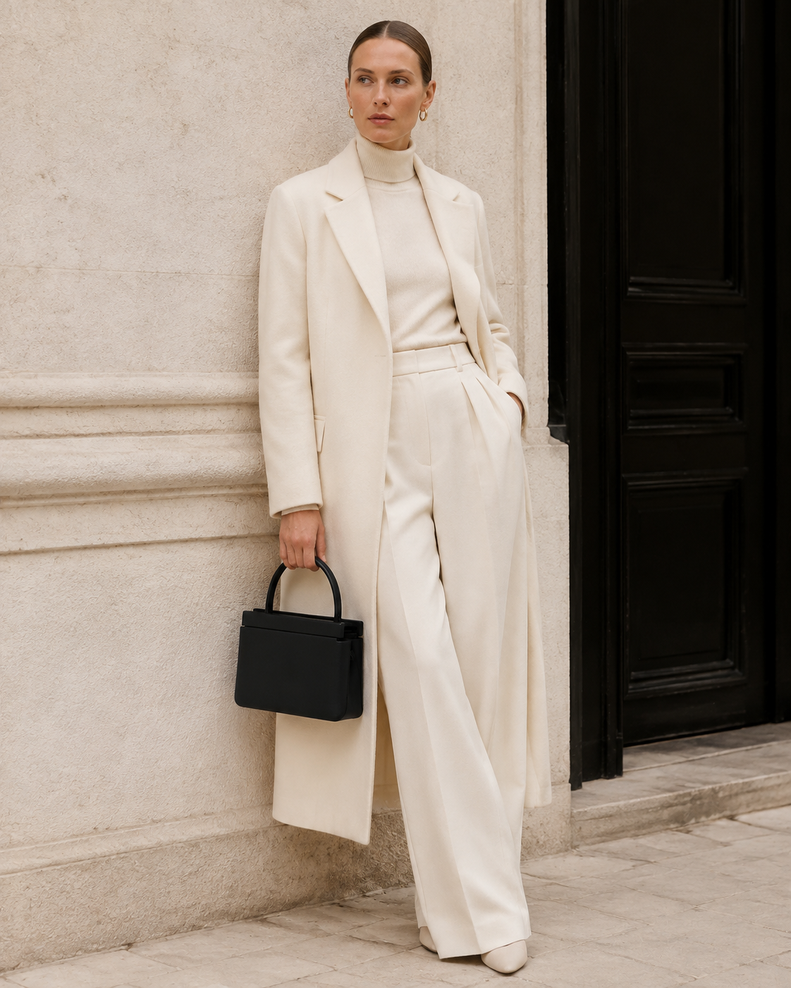 Woman in tailored neutrals carries the black MUYLOTTA ML-MN01 mini top-handle bag by its top handle by a limestone wall.