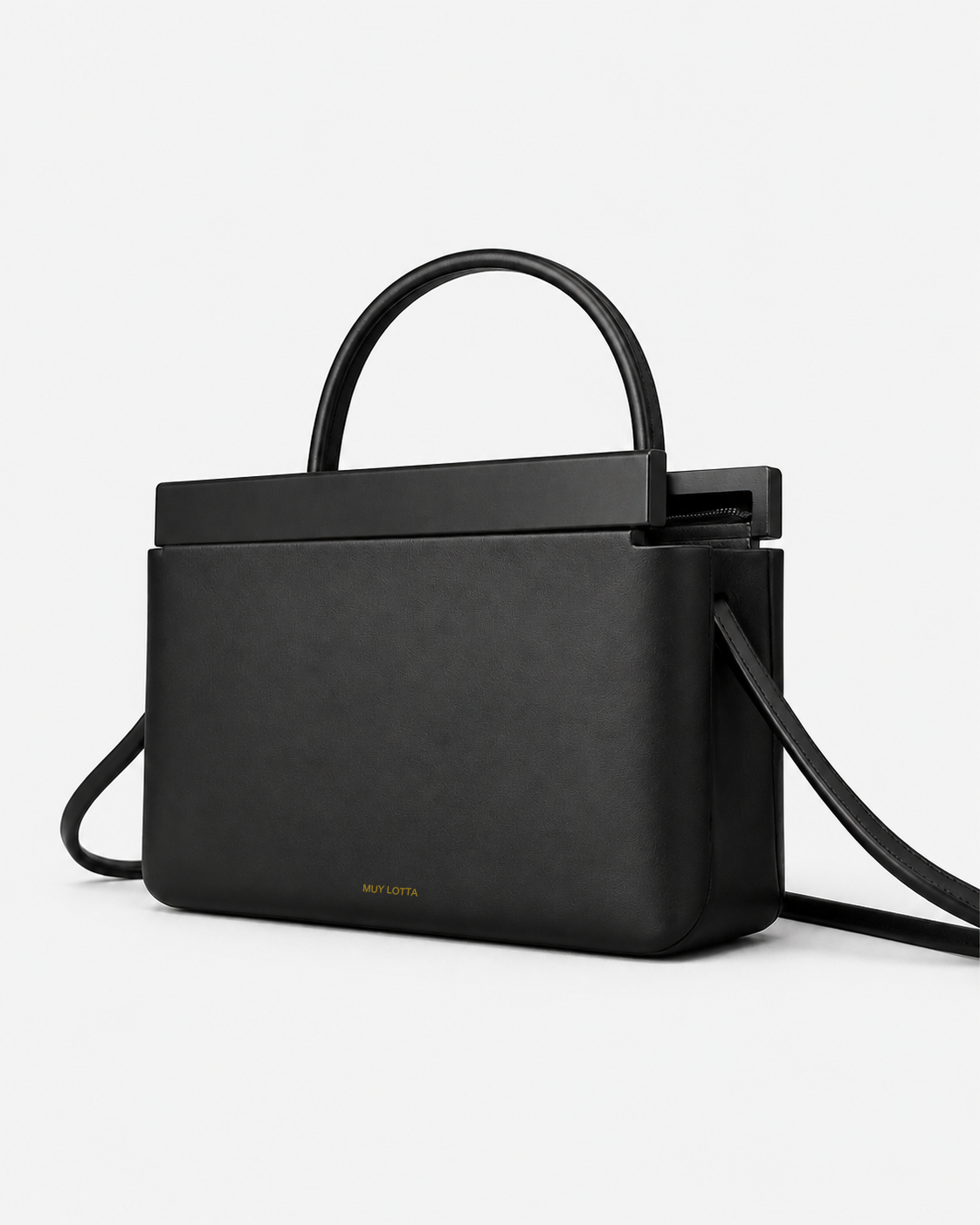MUYLOTTA ML-MN01 black mini top-handle bag, three-quarter view, with a rounded handle and deliberately open top frame.