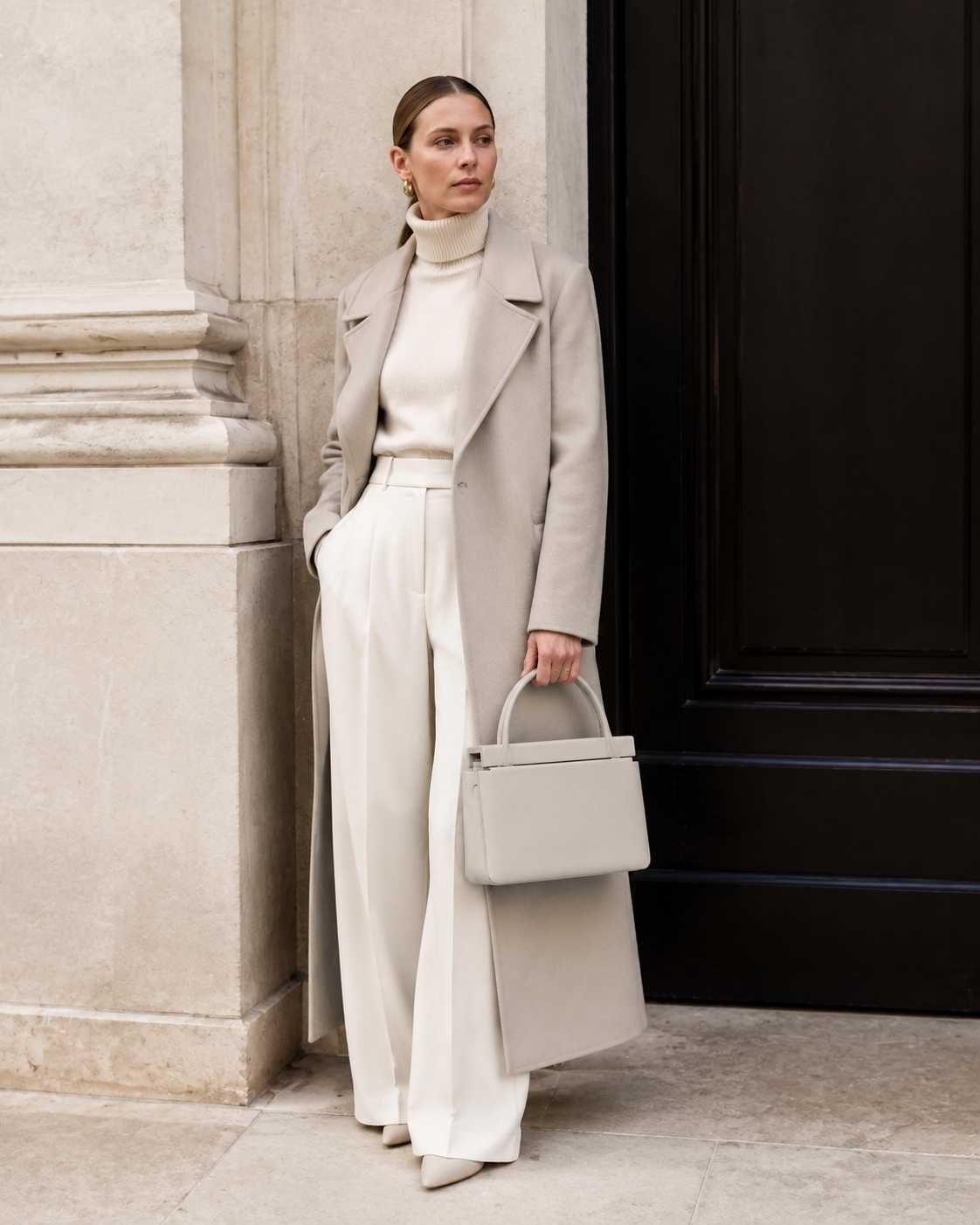 Woman in tailored neutrals carries the bone gray MUYLOTTA ML-MN01 mini top-handle bag by its top handle by a limestone wall.