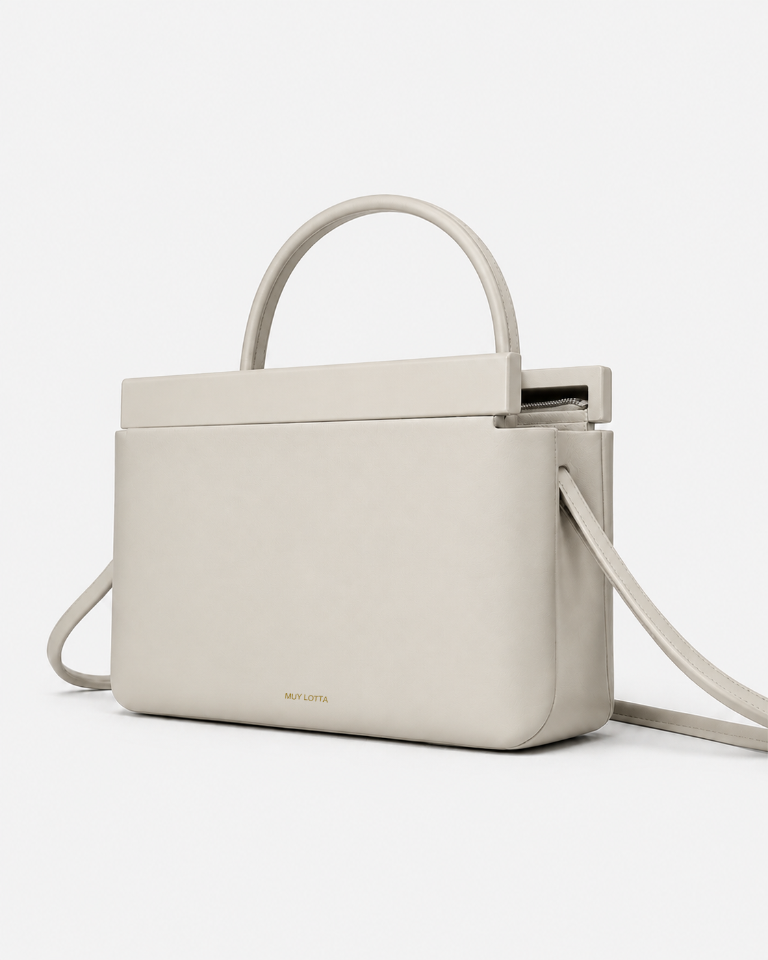 MUYLOTTA ML-MN01 bone gray mini top-handle bag, three-quarter view, with a rounded handle and deliberately open top frame.