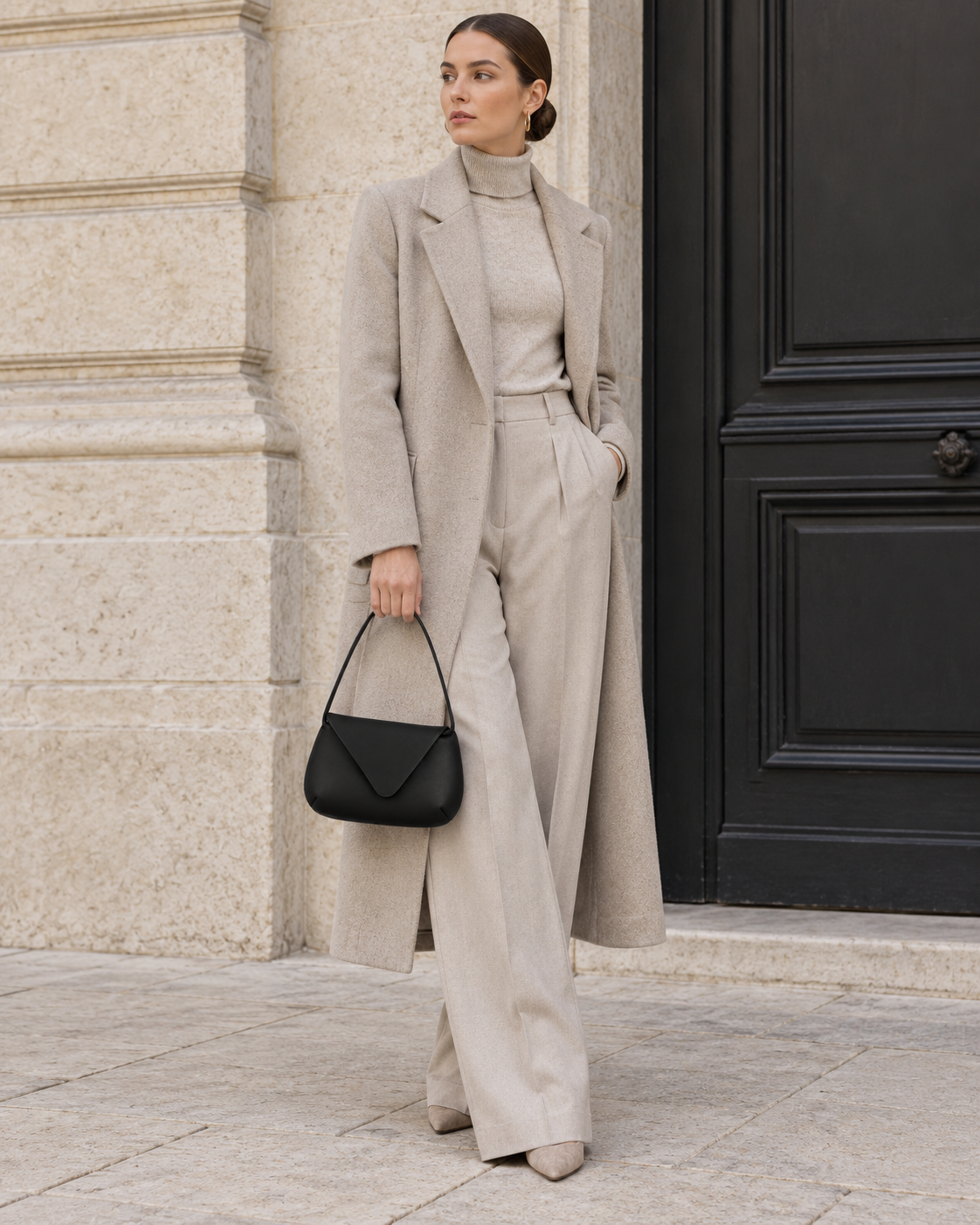 Woman in tailored neutrals carries the black MUYLOTTA ML-MN02 mini shoulder bag on her shoulder by a limestone wall.