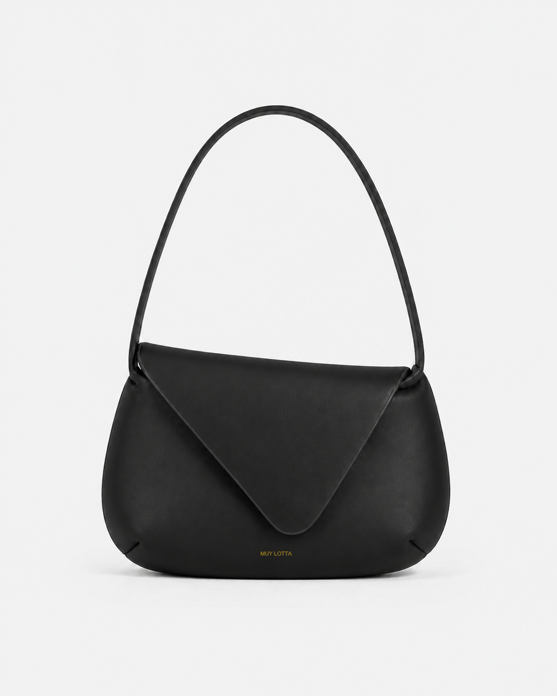 MUYLOTTA ML-MN02 black mini shoulder bag, three-quarter view, with an off-center flap and slim shoulder strap.