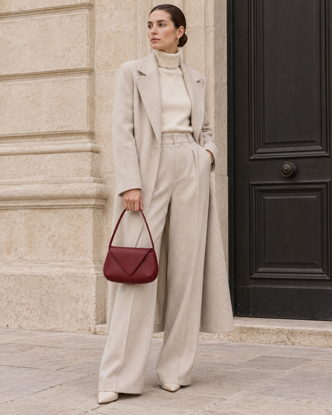 Woman in tailored neutrals carries the burgundy MUYLOTTA ML-MN02 mini shoulder bag on her shoulder by a limestone wall.