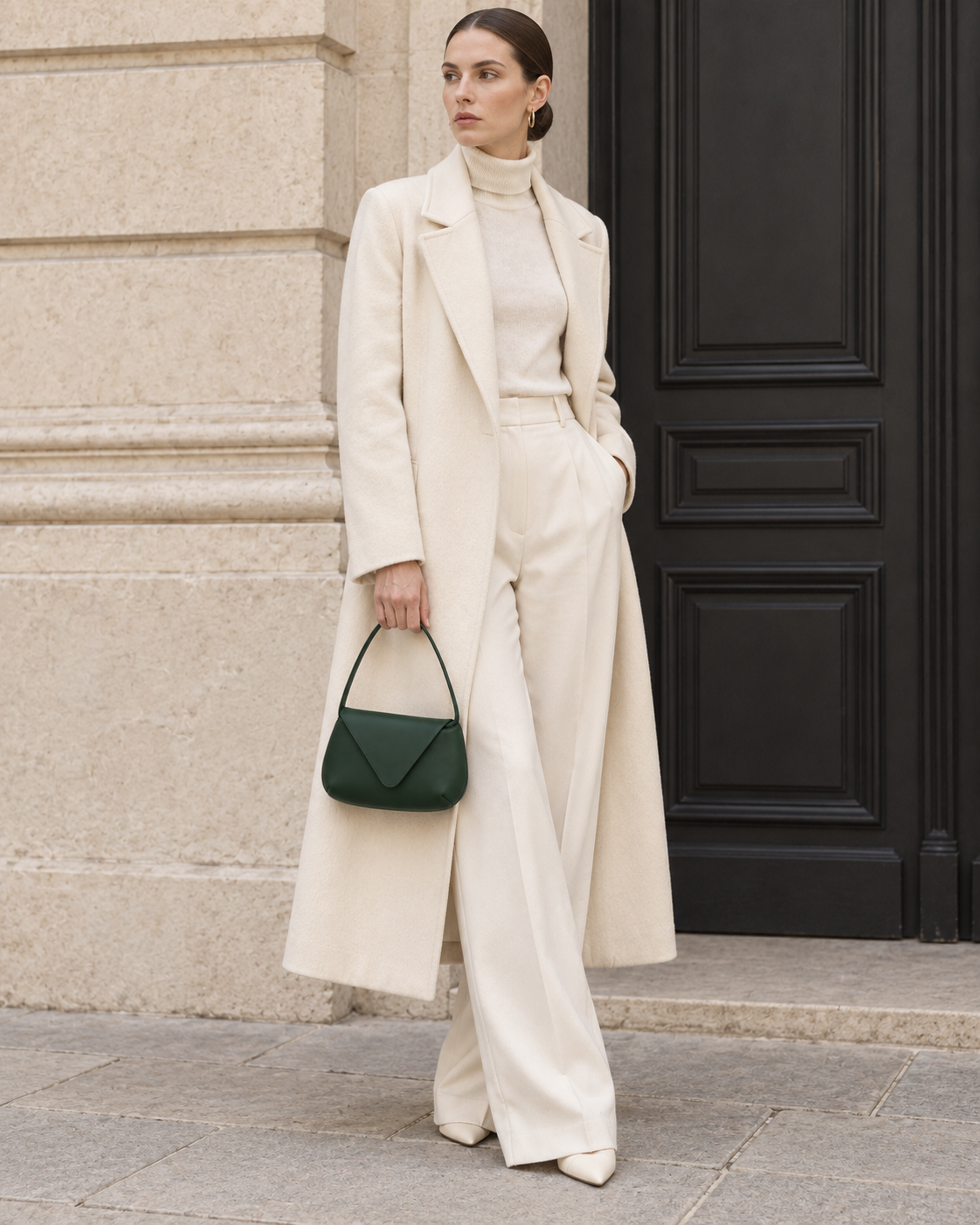 Woman in tailored neutrals carries the deep green MUYLOTTA ML-MN02 mini shoulder bag on her shoulder by a limestone wall.