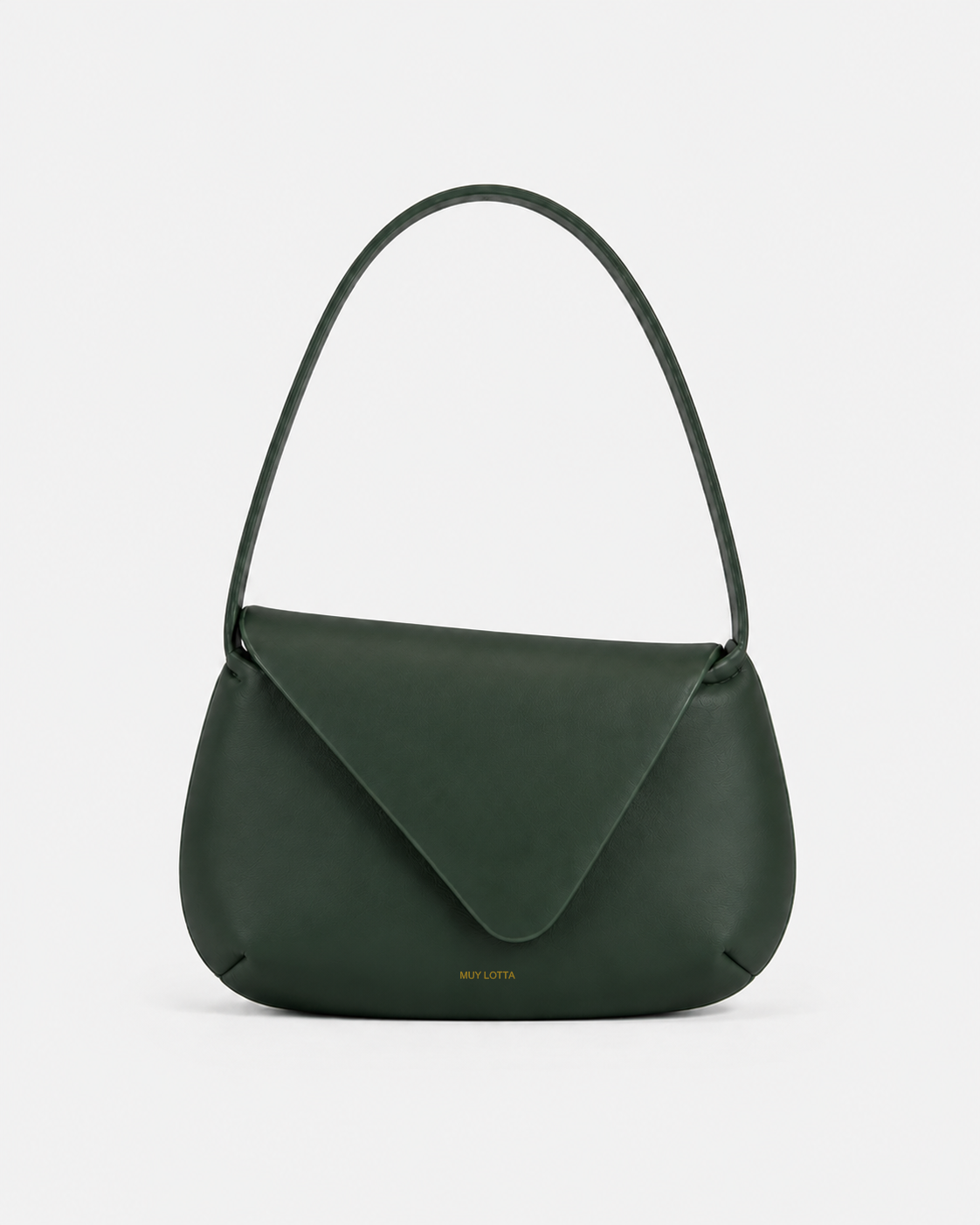 MUYLOTTA ML-MN02 deep green mini shoulder bag, three-quarter view, with an off-center flap and slim shoulder strap.