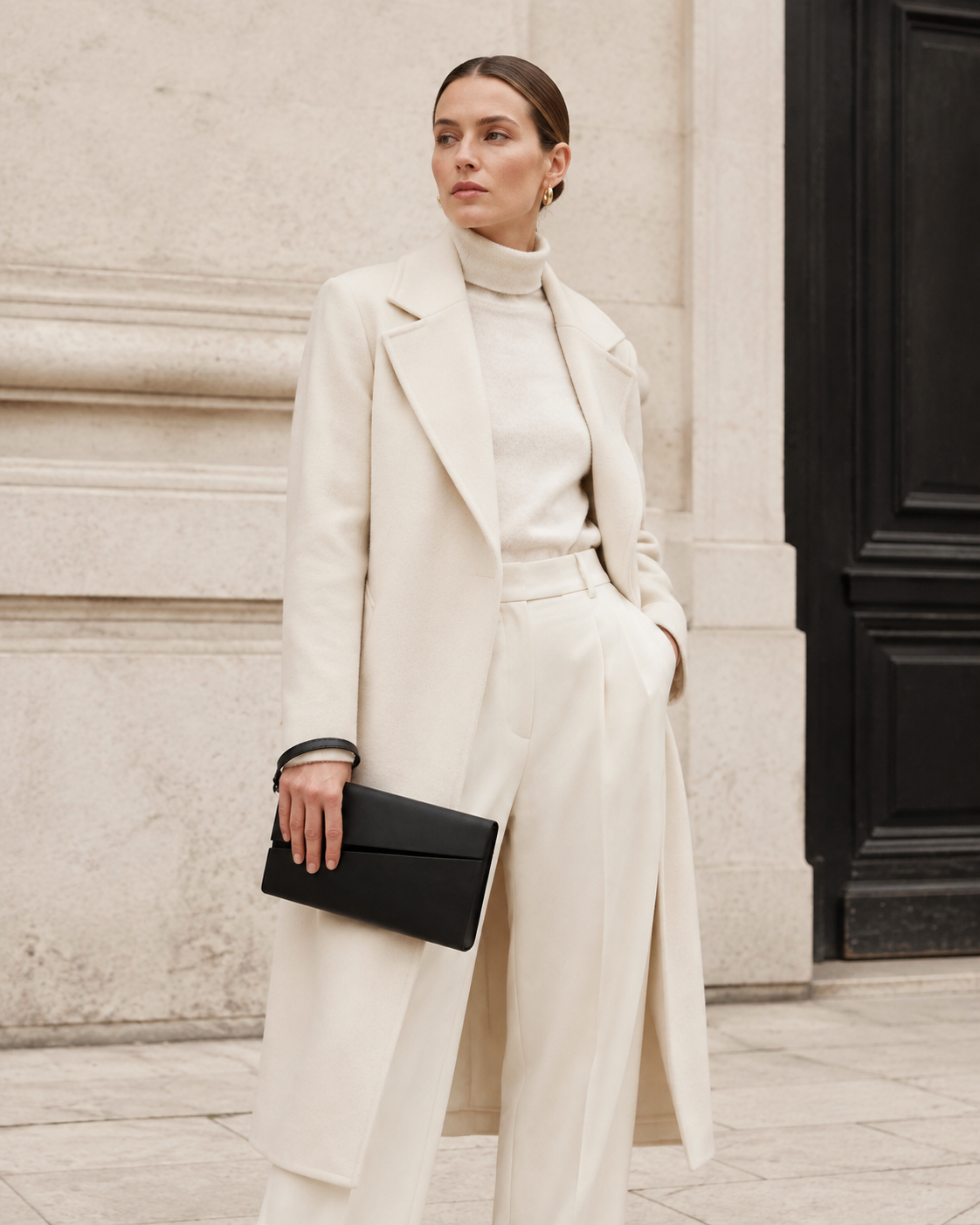 Woman in tailored neutrals carries the black MUYLOTTA ML-MN03 evening clutch as a clutch by a limestone wall.