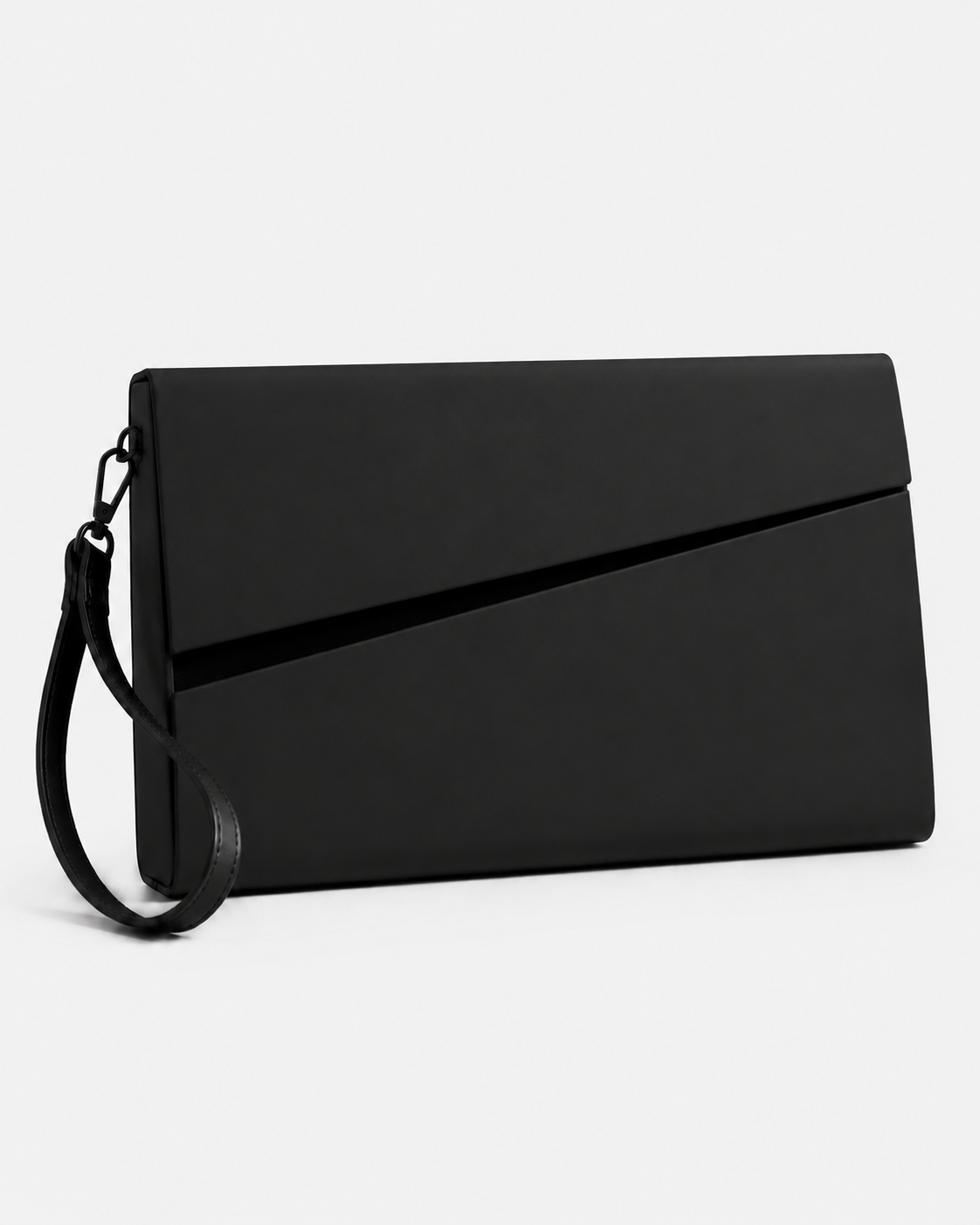 MUYLOTTA ML-MN03 black evening clutch, three-quarter view, with a diagonal dark slit and wrist strap.