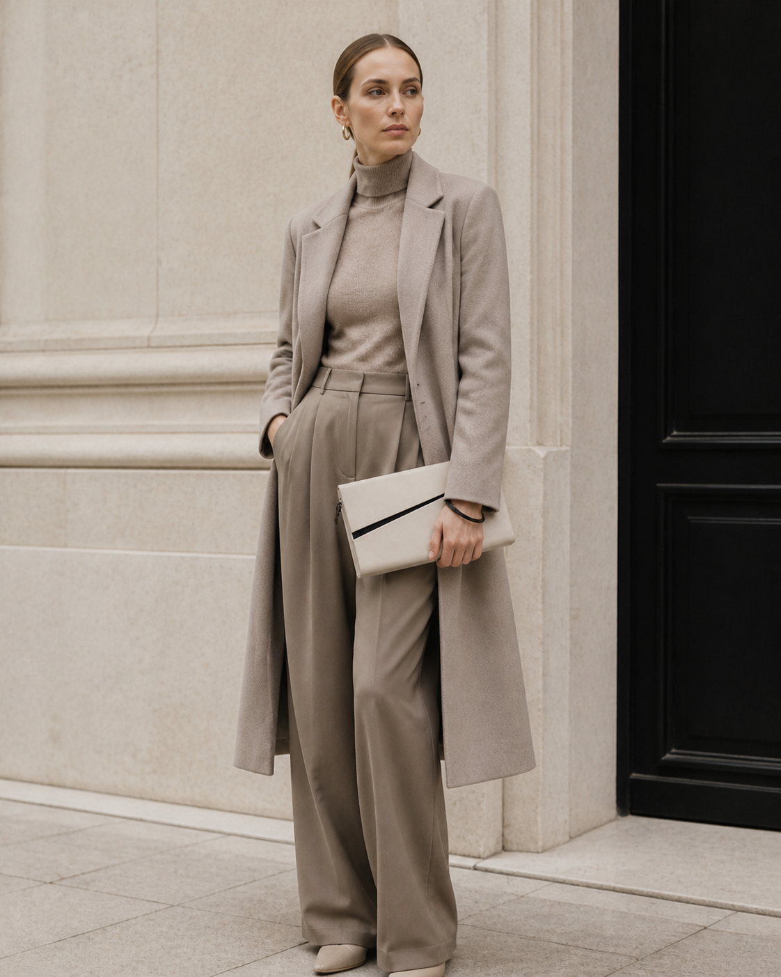 Woman in tailored neutrals carries the bone white MUYLOTTA ML-MN03 evening clutch as a clutch by a limestone wall.