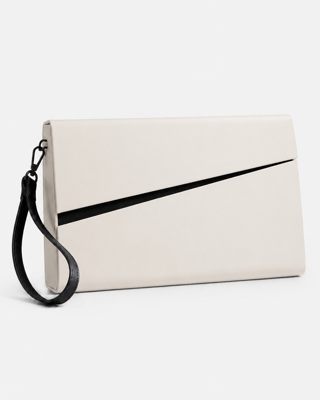MUYLOTTA ML-MN03 bone white evening clutch, three-quarter view, with a diagonal dark slit and wrist strap.